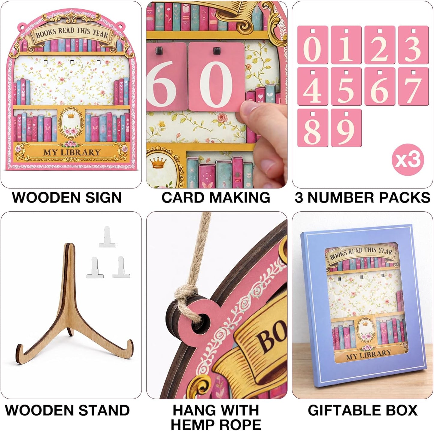 Books Read This Year Counter Sign Bookish Gifts for Women - Pink Reading Tracker Ornament Bookshelf Decor - Book Lover Gifts for Bookworms Readers