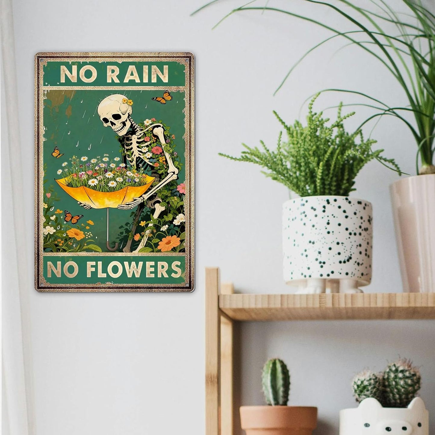 Retro Garden Metal Signs Vintage Skull Poster - No Rain No Flowers Sign, Floral Skull & Umbrella Wall Art Decor for Home, Garden, Bedroom, Living Room 8x12 Inch