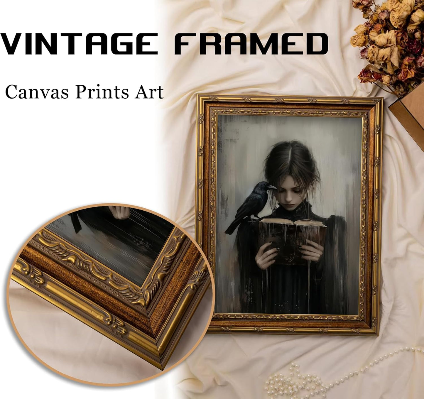 Vintage Gold Framed Girl Reading Book Canvas Wall Art Dark Academia Gothic Raven Painting Picture Wall Decor Retro Victorian Woman Poster Print Artwork for Living Room Bedroom Home Decoration