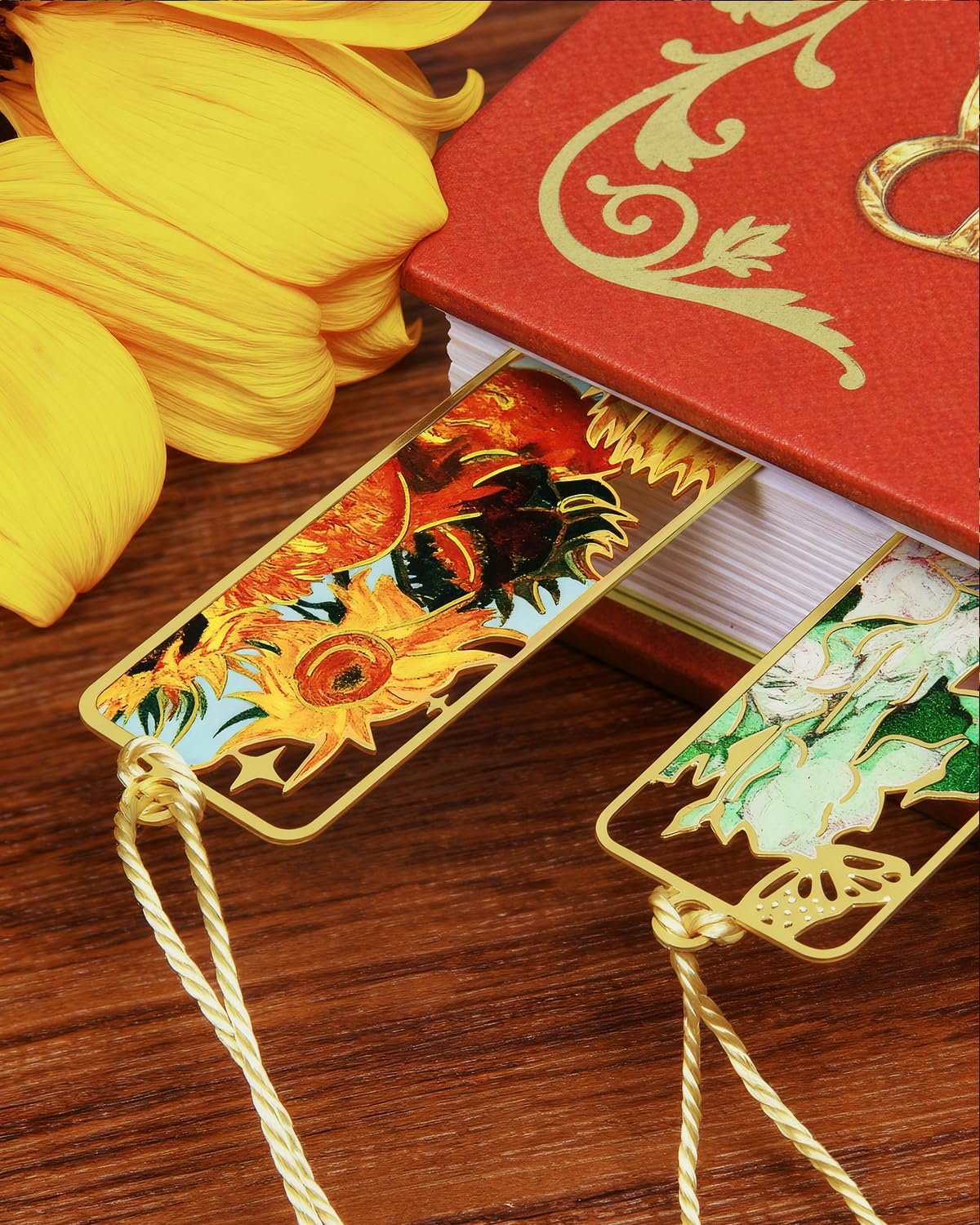 4 Pieces Metal Bookmarks with Tassel, Golden Hollow Bookmark Van Gogh Monet Oil Painting Theme Book Marker for Book Lovers Writers Readers Children Teens Men Women Adults