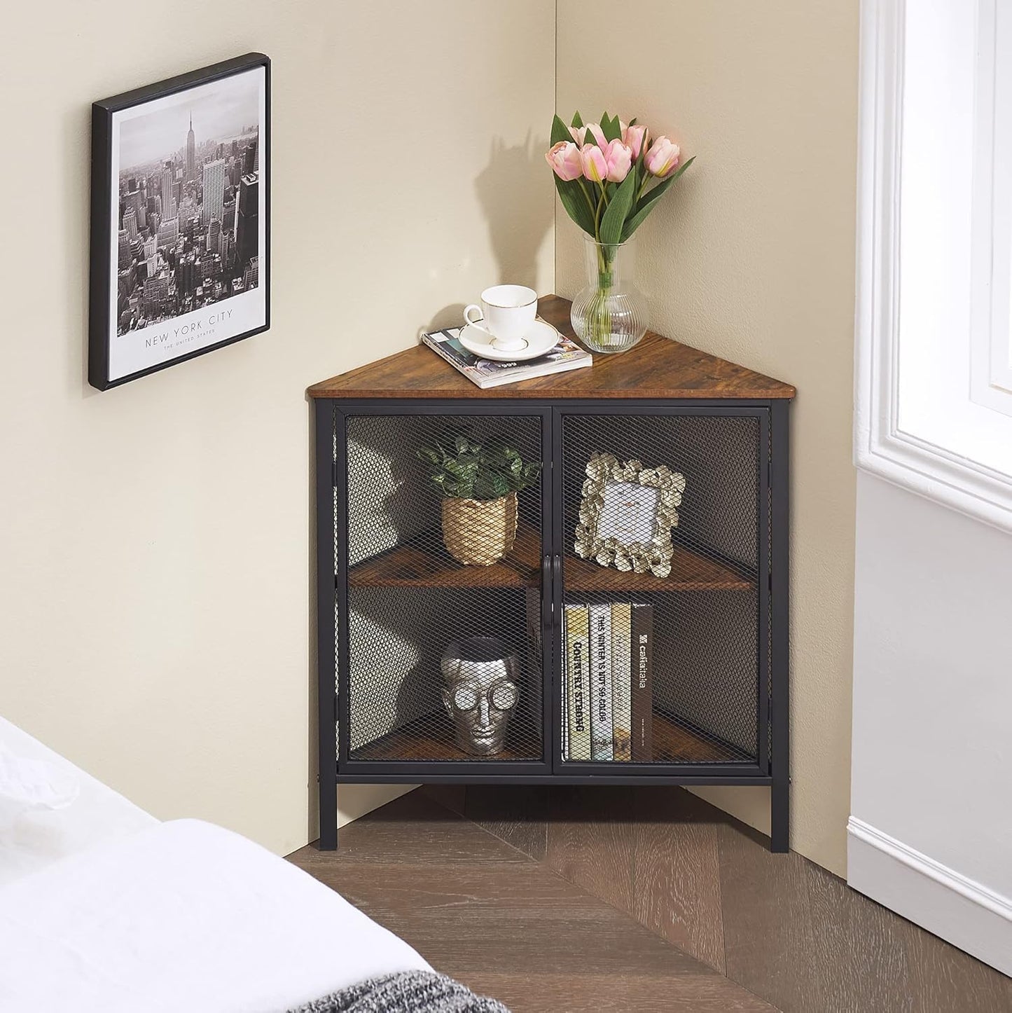 VECELO Corner Cabinet/Table, 3-Tier Shelves with Protection Door, Metal Frame Storage Shelf Organizer for Small Space, Living Room, Kitchen, Bathroom