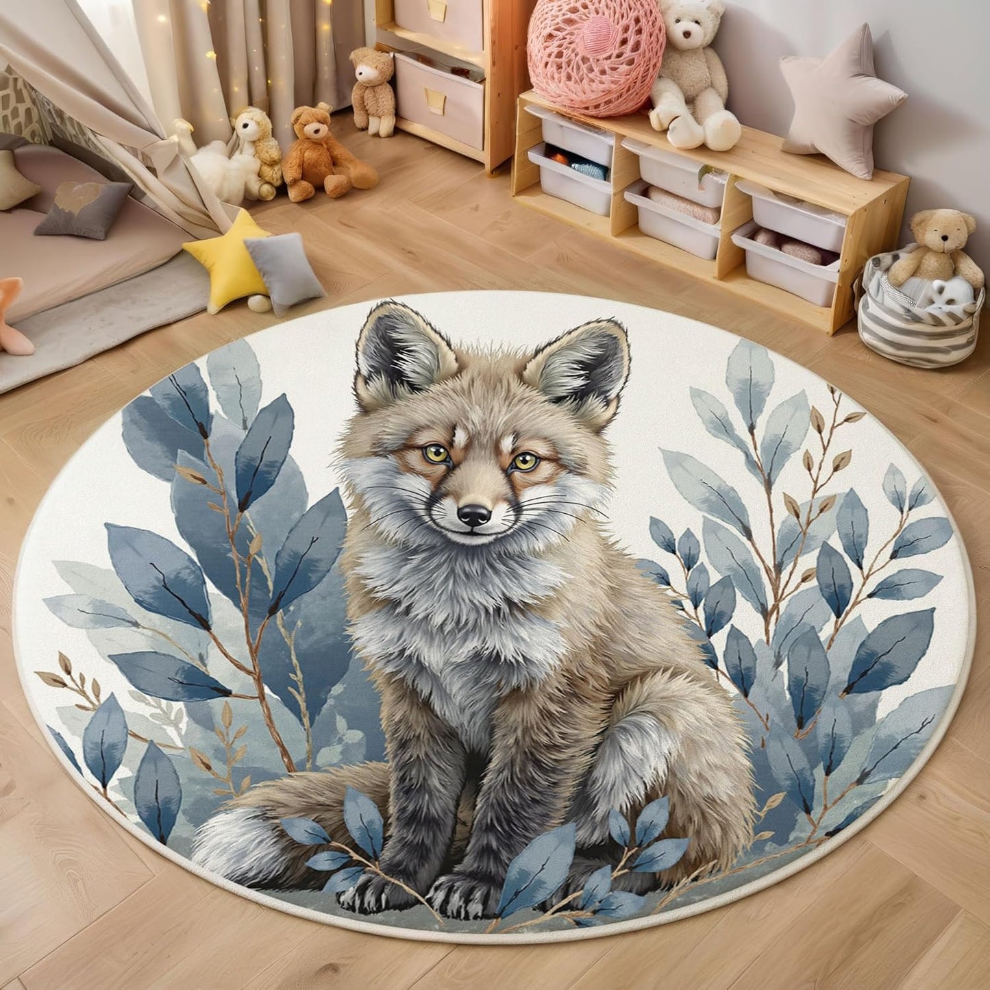 Round Area Rug, 3Ft Washable Non-Slip Blue Gray Watercolor Fox Leaves Circle Rug, Soft Low-Pile Realistic Animal Style Indoor Small Circular Carpet for Bedroom Entryway Dining Living Room