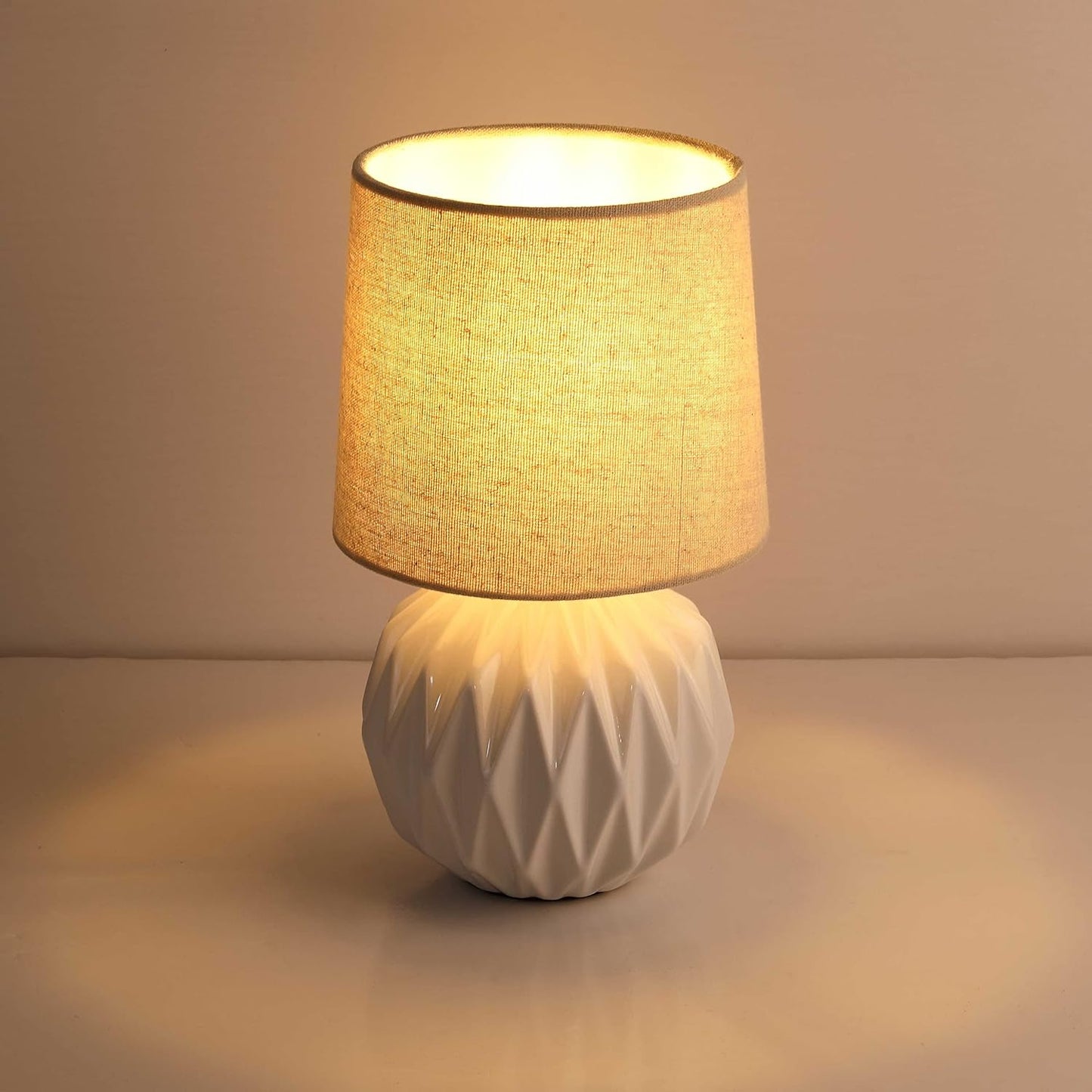 White Ceramic Table Lamp, Geometric Textured Small Bedside Lamp with Linen Shade, Mid Century Modern Nightstand Lamp for Bedroom Living Room Reading Room, H 12" x W 6.7", 7W LED Bulb Included
