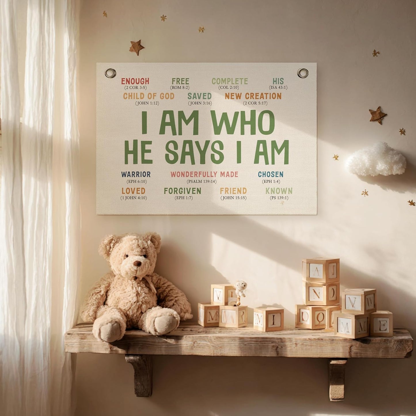 Christian Wall Decor Banner, Inspirational Religious Bible Verse Decor, Canvas Hanging Flag Banner Wall Poster Sign, Positive Growth Mindset Quotes for Kid's Room Classroom Homeschool -I Am Who He Says I am