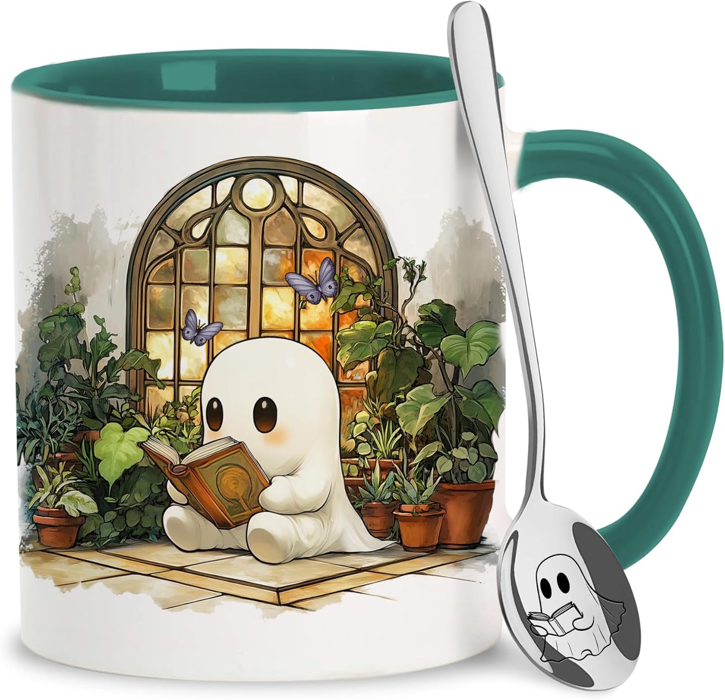 Hyturtle Cute Ghost Reading Coffee Mug with Spoon Gifts For Book Lovers, Plant Lovers On Birthday Christmas, Reading Cup Gifts For Girl Women, Book Club Gift Keepsake 11oz White Green Ceramic Tea Cup