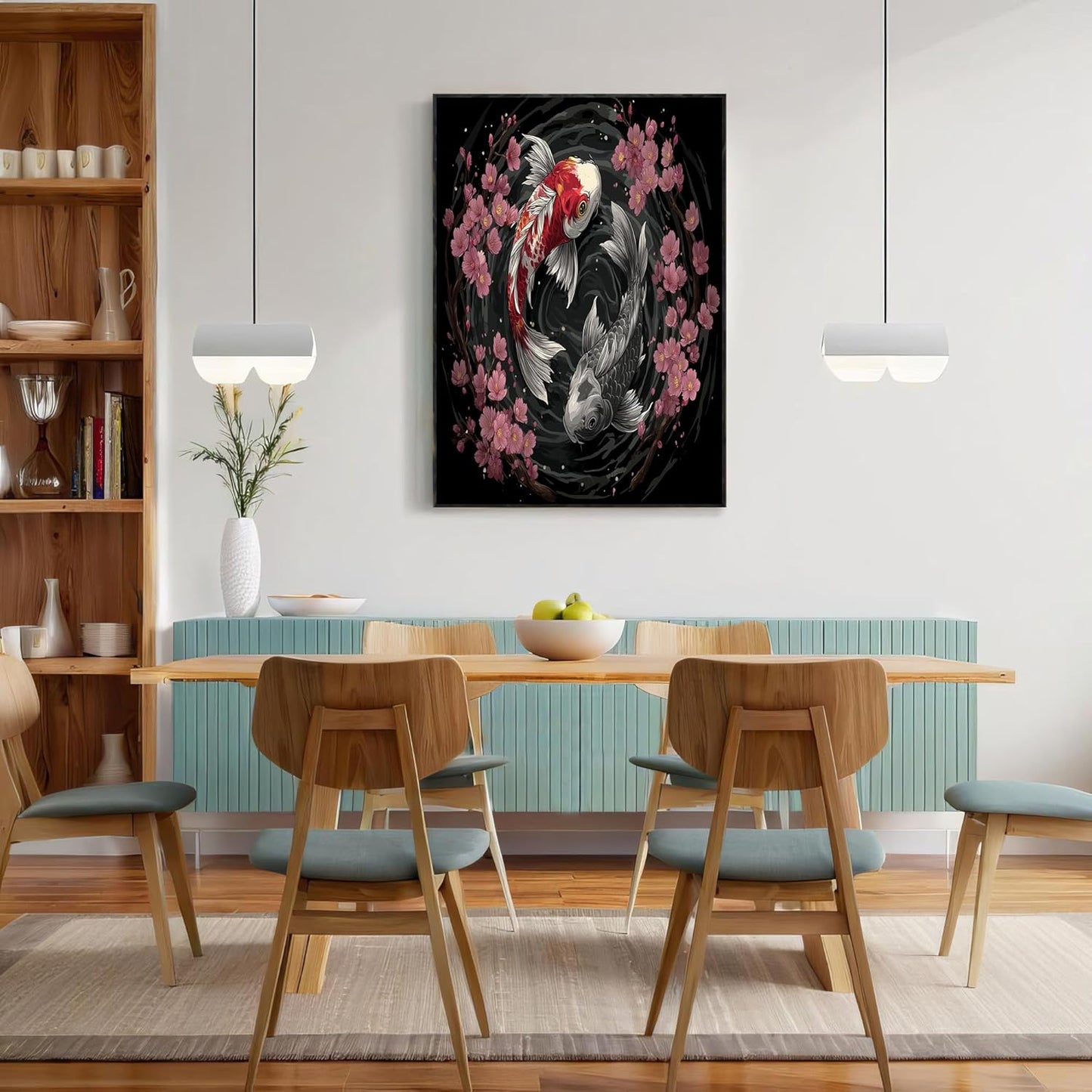 GDJSMIN Japanese Tattoo Aesthetics Wall Art, Yin And Yang Koi Cherry Blossoms Poster for Reading Room Living Room Decor 12x 16 inch Unframed