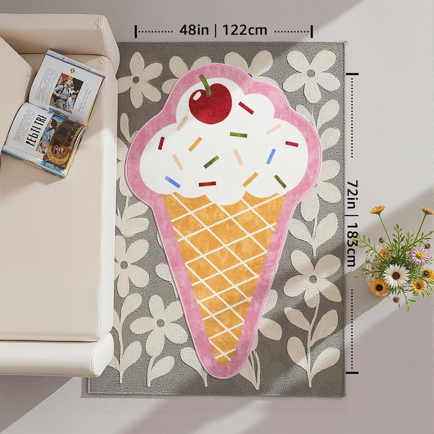 jinchan Cute Fun Rug Ice Cream Shaped Playroom Mat Washable Cone Cool Rug Soft Funny Mat Back to School Unique Lightweight Playful Funky Gift for Girls Teens Dorm Bedroom Bedside, 4x6 ft