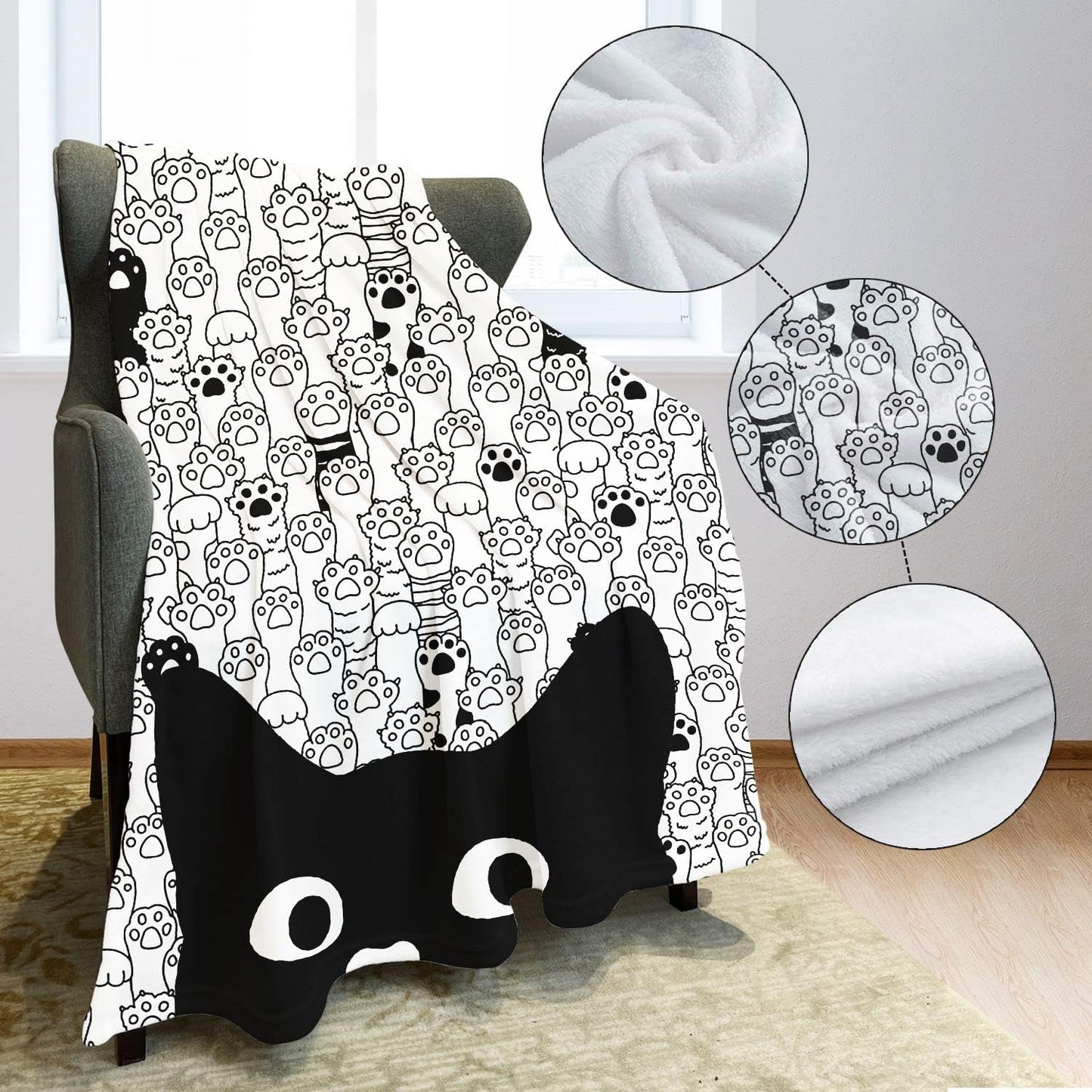 Cat Paw Throw Blanket Black Cat Pattern Paw Sketch Fleece Blanket Soft Warm Cozy for Kids Adult Gifts 60"x80"