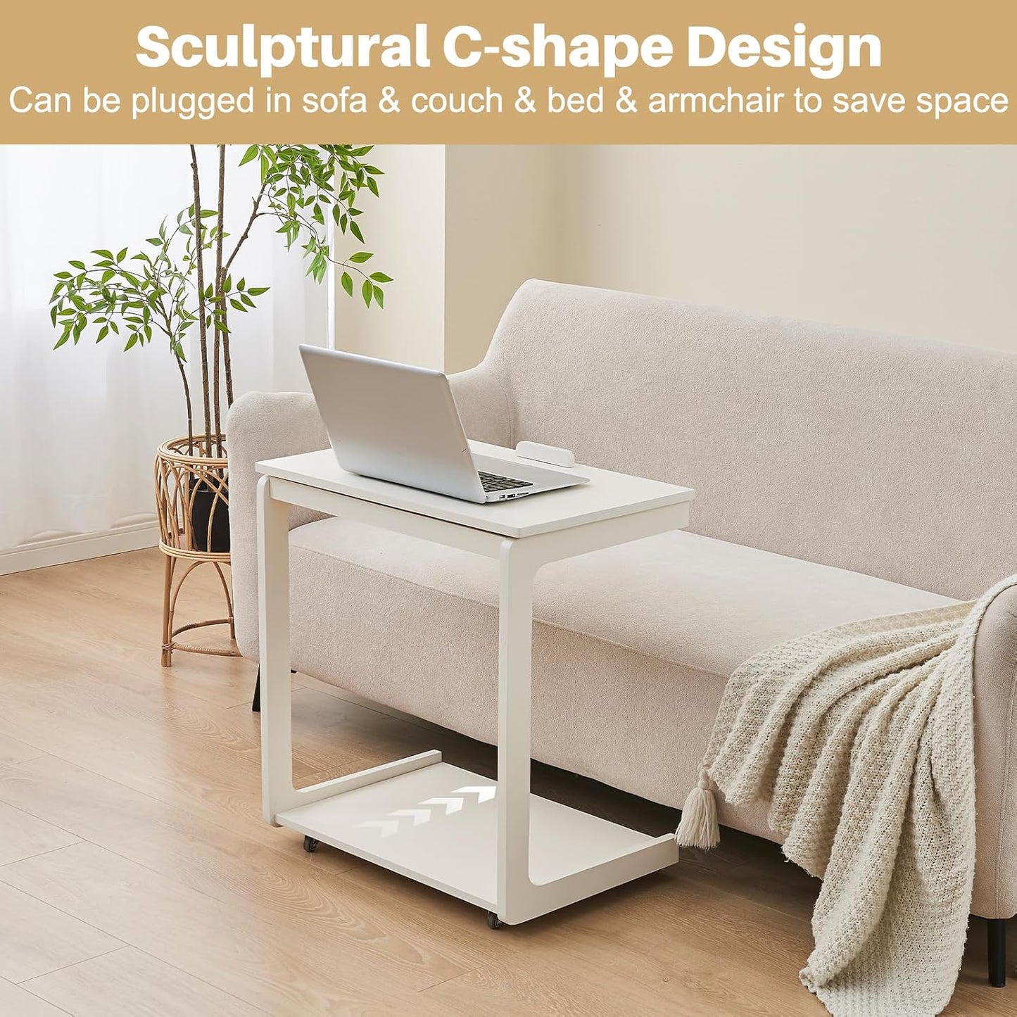 C-Shaped End Table with Wheels - Rolling Side Table for Couch, Solid Wood Modern Adjustable Angles Tv Tray Sofa Tables for Living Room, Bedroom, Home Office, White, 15.4"D x 23.6"W x 24.8"H
