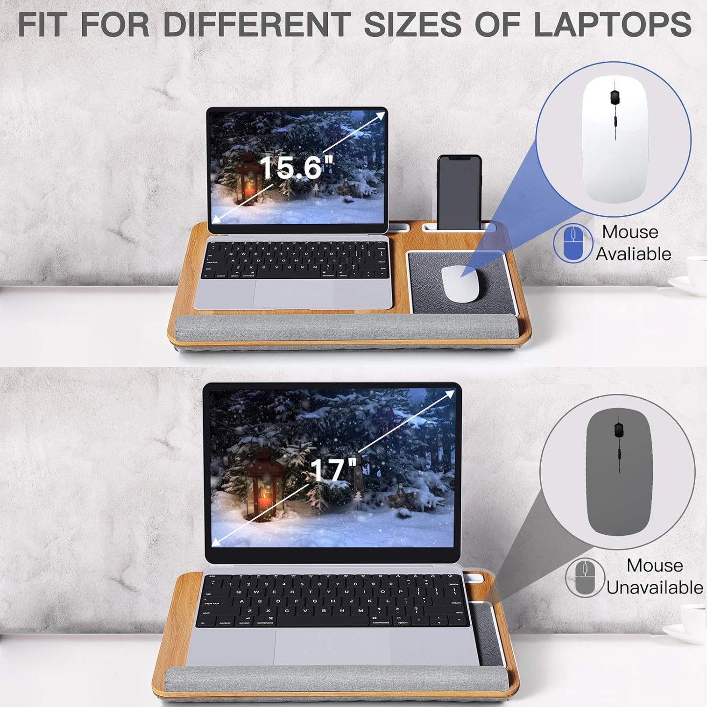 Totnz Lap Desk, Home Office Laptop Desk Fits up to 17 inches with Mouse Pad, Wrist Pad, Tablet, Pen & Phone Holder, Laptop Stand for Reading, Writing and Working, Wood Grain (TZLD3)