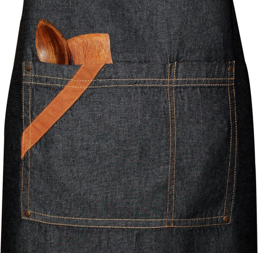 100% Cotton Denim Kitchen Apron with Pocket and Adjustable Neck with Long Ties Apron 25" X 31" for Women Men Chef Cooking, Baking, Gardening, Black