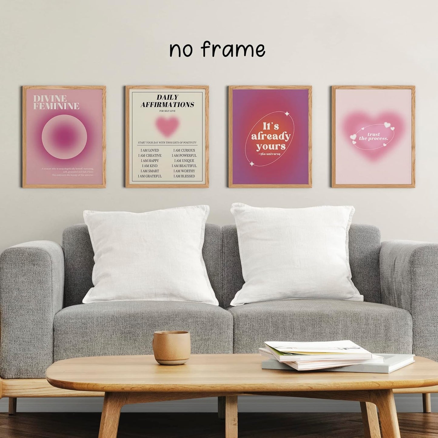 KEUSPI Pink Wall Decor Dorm Daily Affirmations Pink Aesthetic Room Decor Heart Divine Feminine Trust Aura Energy Gradient Wall Art Poster Prints for College Dorm Decor,Spiritual Decorations Posters Unframed 8x10 Set of 4