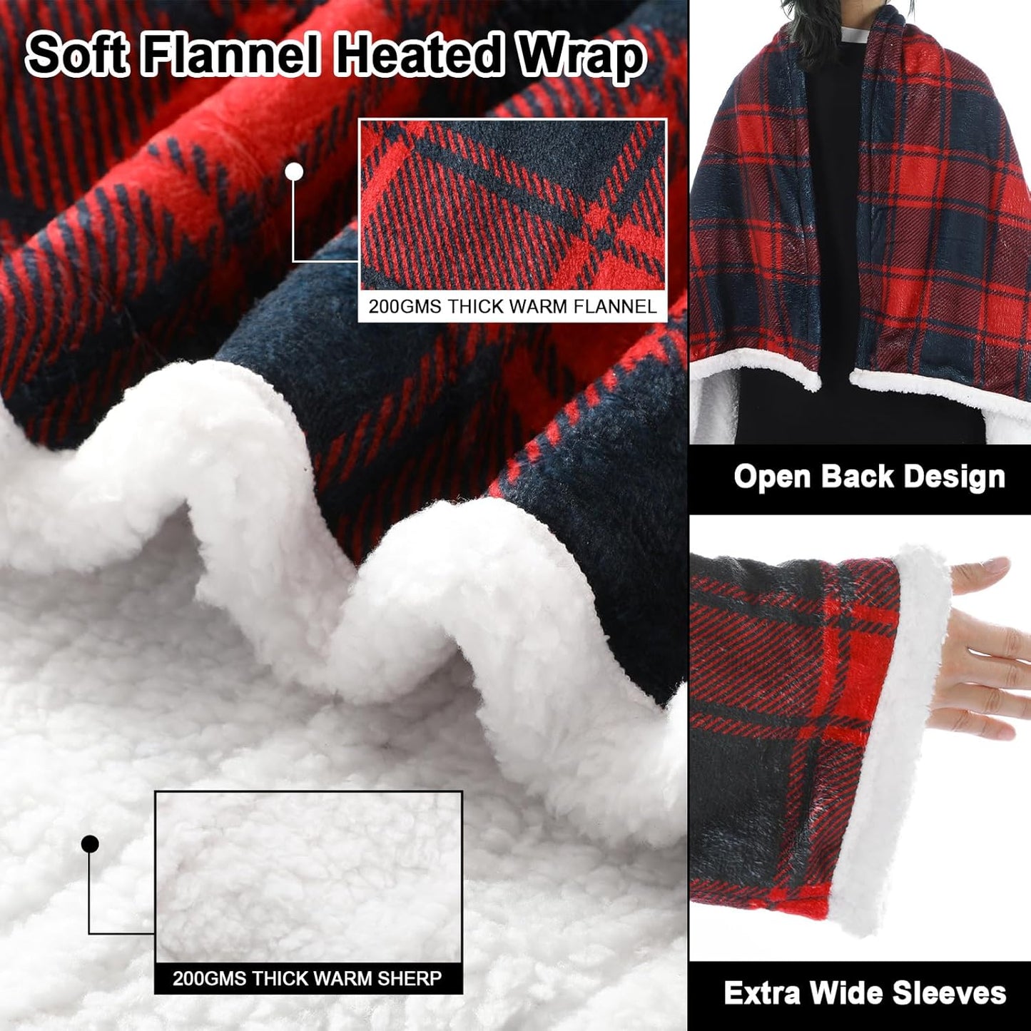 Tuanse Wearable Electric Blanket with Foot Pocket 70" x 50" Soft Flannel Heated Wrap with Sleeves, 8 Heating Levels & 1 to 12 Hours Auto Shut Off, Machine Washable, Black and Red Checkered Patter