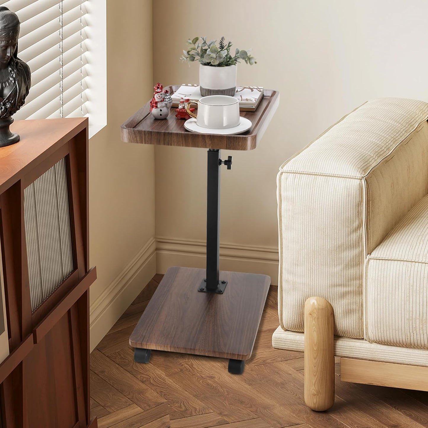 C Shaped End Table for Couch, Adjustable C Shaped Side Table with Wheels, Anti Fall Measures TV Trays Table for Eating, Sofa, Bedroom, Living Room