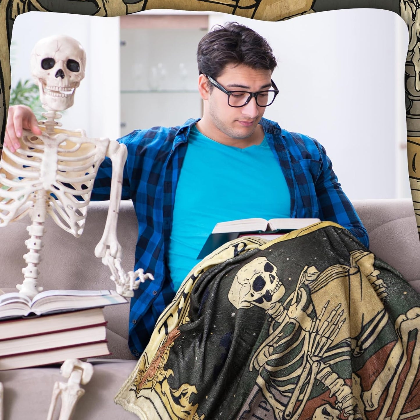 Book Lovers Gifts Throw Blanket 60 x 50 Inch Reader Blankets Book Club Horror Gifts Basket Stuffers for Women Bookworm Bookish Librarian Reading Basket(Skeleton)