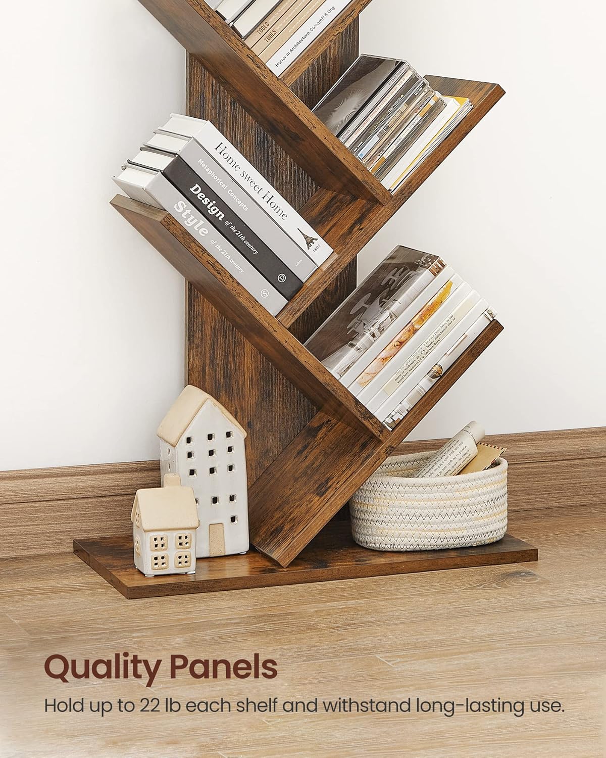 VASAGLE Tree Bookshelf, 9-Tier Bookcase, Large Bookshelf, Space-Saving Corner Shelf, Book Tree, Holds Books, CDs, Games, for Bedroom, Living Room, Home Office, Rustic Brown ULBC11BX