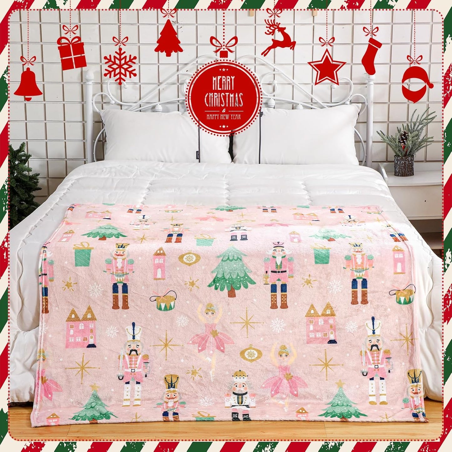 50 x 60 Inches Pink Nutcracker Christmas Throw Blanket Cute Soft Warm Lightweight Christmas Blanket for Sofa Bed Gift Decor