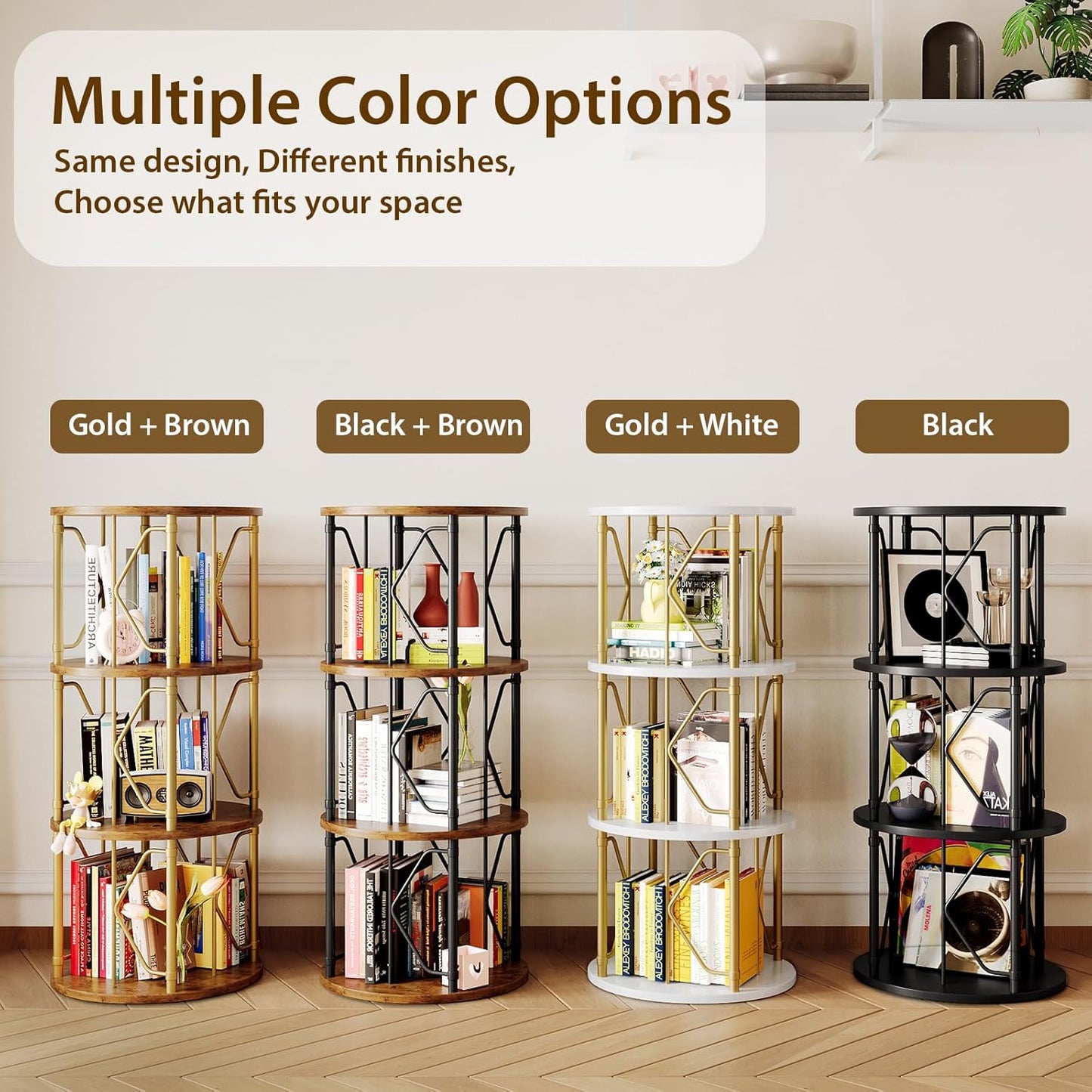3 Tier Rotating Bookshelf Tower, Revolving Bookcase, 360° Round Spinning Book Shelf, Narrow Swivel Bookshelves Vertical Turning Corner Bookshelf Organizer for Bedroom, Living Room, Gold & White