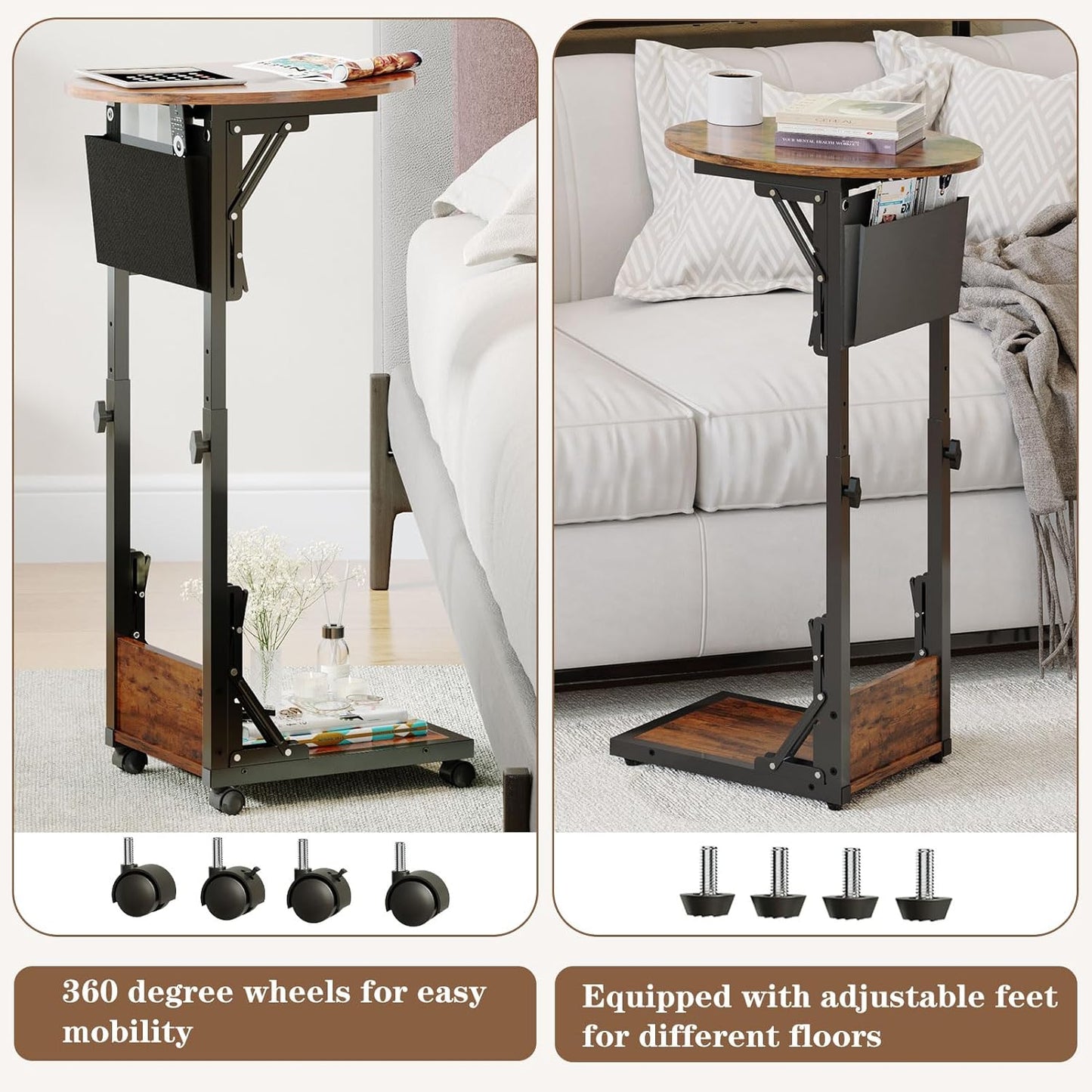 HavenlyYouth Folding C Shaped End Table, Small Side Table with Storage Bag for Sofa, Couch Table with Wheels, TV Tray Table for Living Room, Bedroom, Rustic Brown