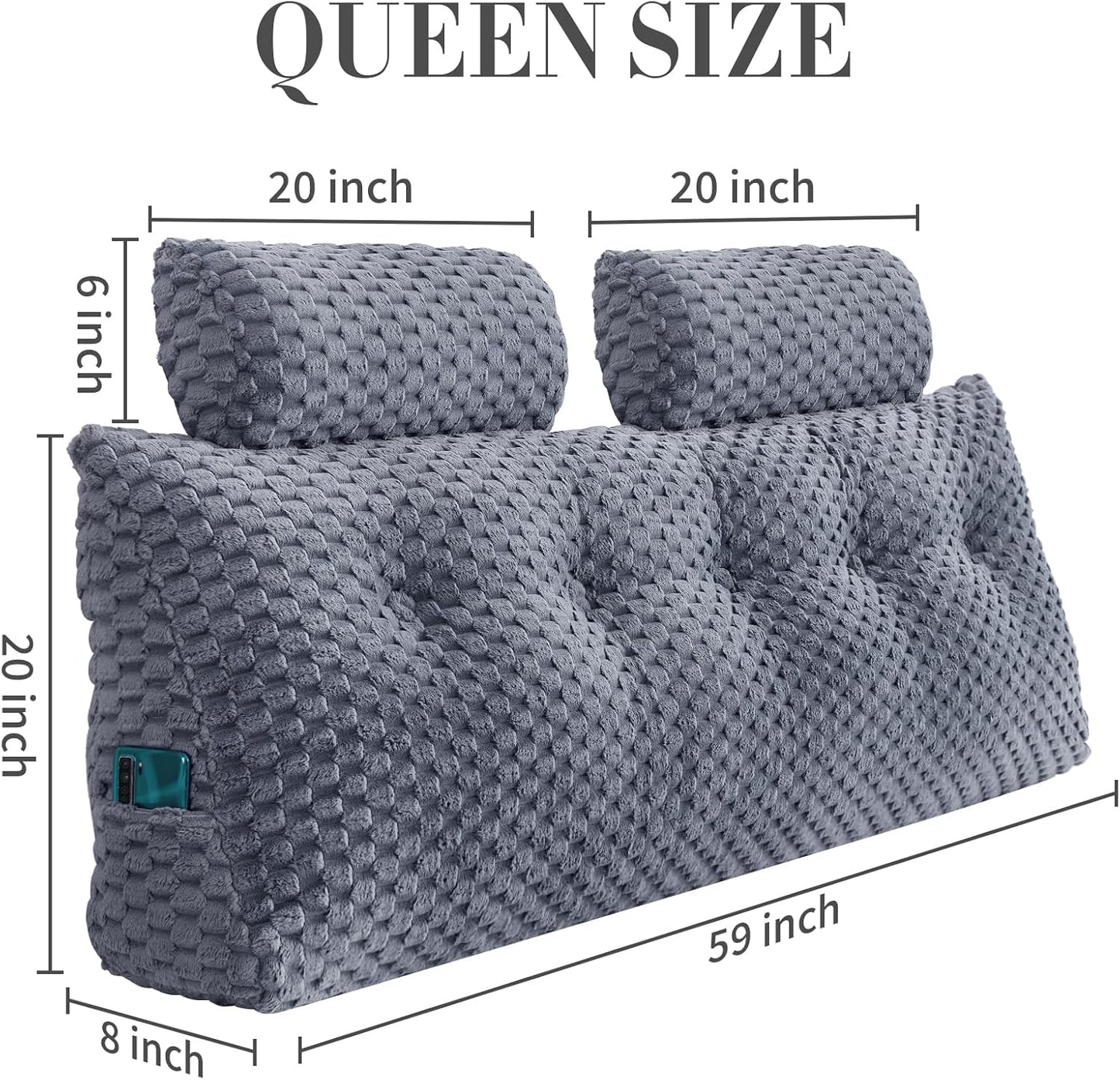 Wedge Headboard Pillow Queen- Bed Wedge Pillow for Headboard Triangular Headboard Pillow with Neck Roll Pillow-Large Bolster for Sitting in Bed Backrest Positioning Support (Grey,59x8x20 Inches)