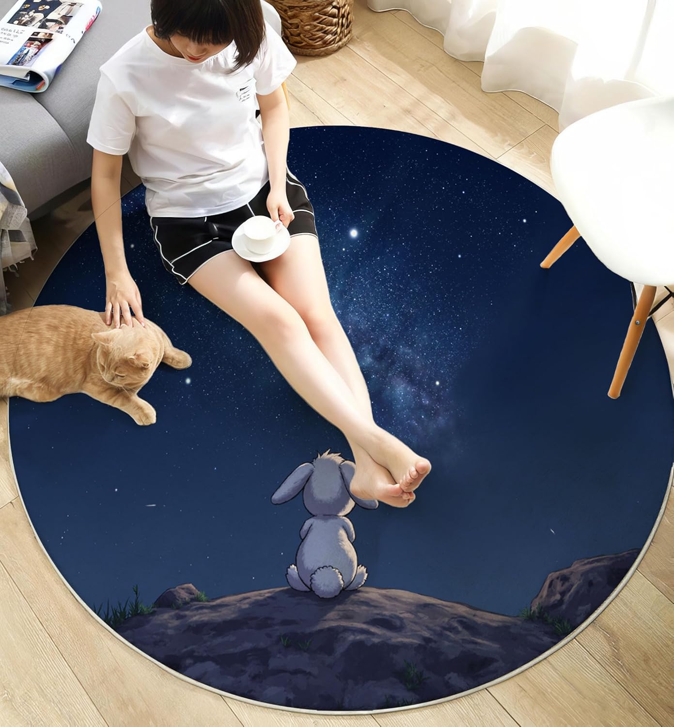 Round Area Rug, 5.25Ft Washable Non-Slip Dark Blue Cute Rabbit Starry Sky Circle Rug, Soft Low-Pile Milky Way Landscape Indoor Small Circular Carpet for Bedroom Entryway Dining Living Room