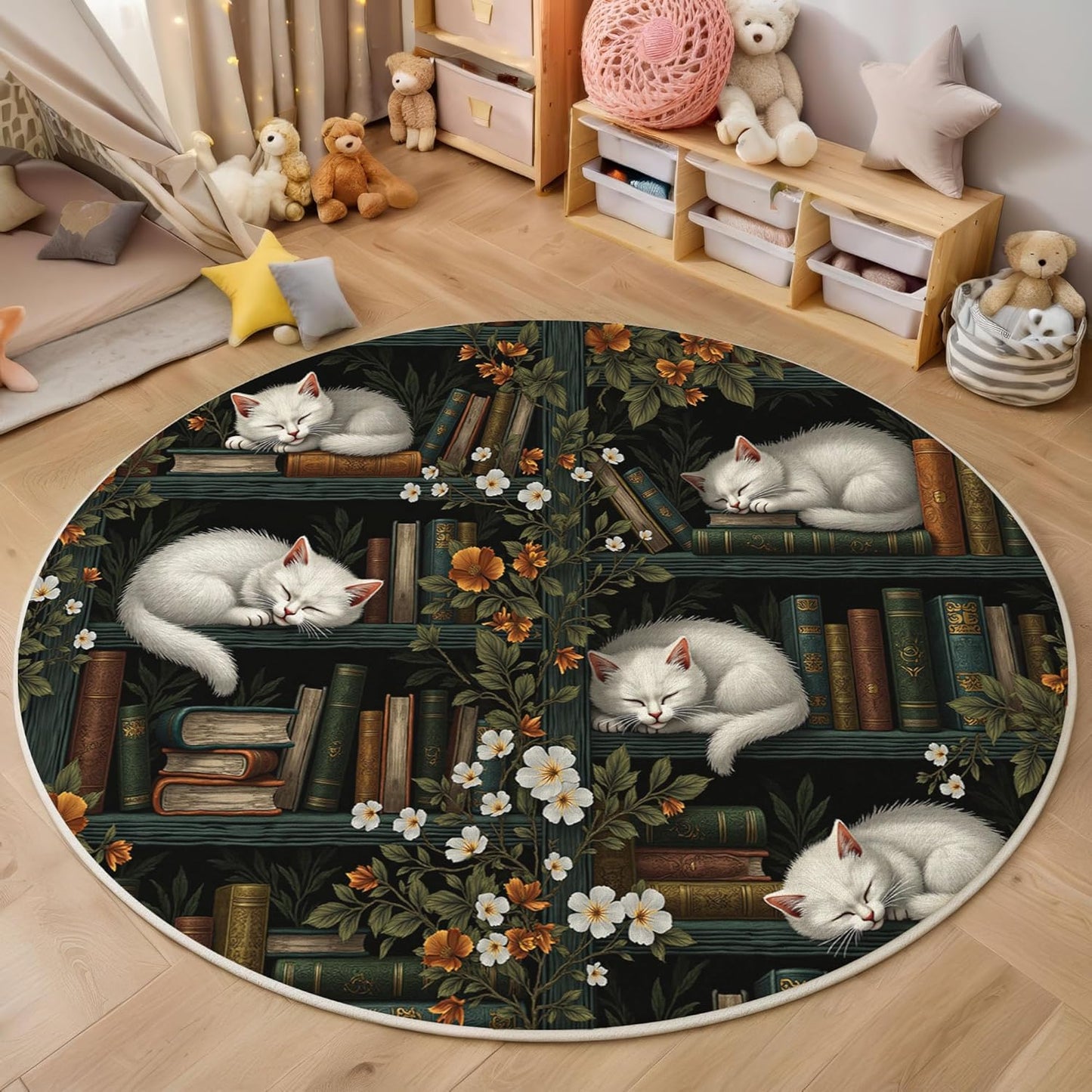 Washable Retro Cat Bookshelf Area Rug, 5.25Ft Round Rugs for Living Room Soft Carpet for Bedroom Fantasy Illustration Indoor Stain Resistant Non-Shedding Floor Carpet, Black, 5.25Ft-Round