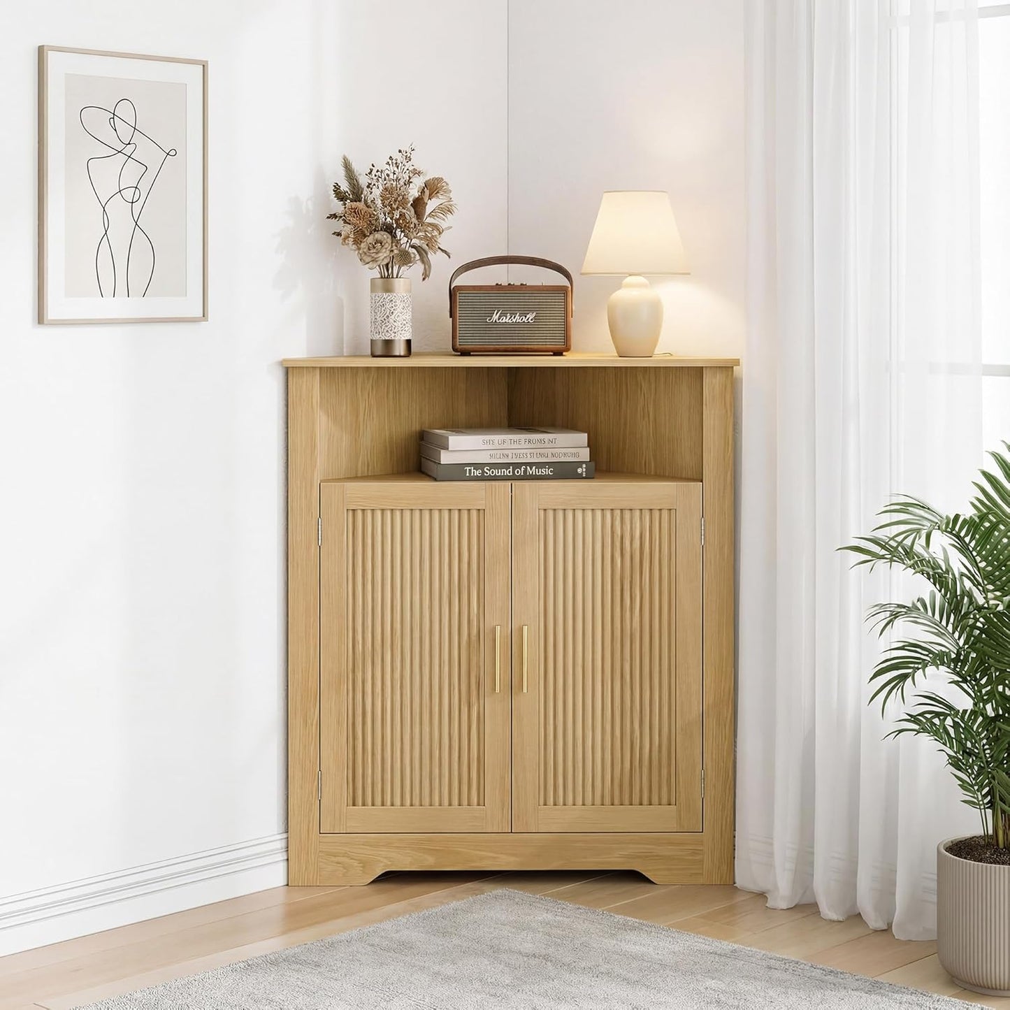 Smuxee Bathroom Corner Cabinet, Floor Corner Storage Cabinet with Fluted Door and Adjustable Shelf, Wooden Narrow Cabinet Organizer for Bathroom, Kitchen, Living Room