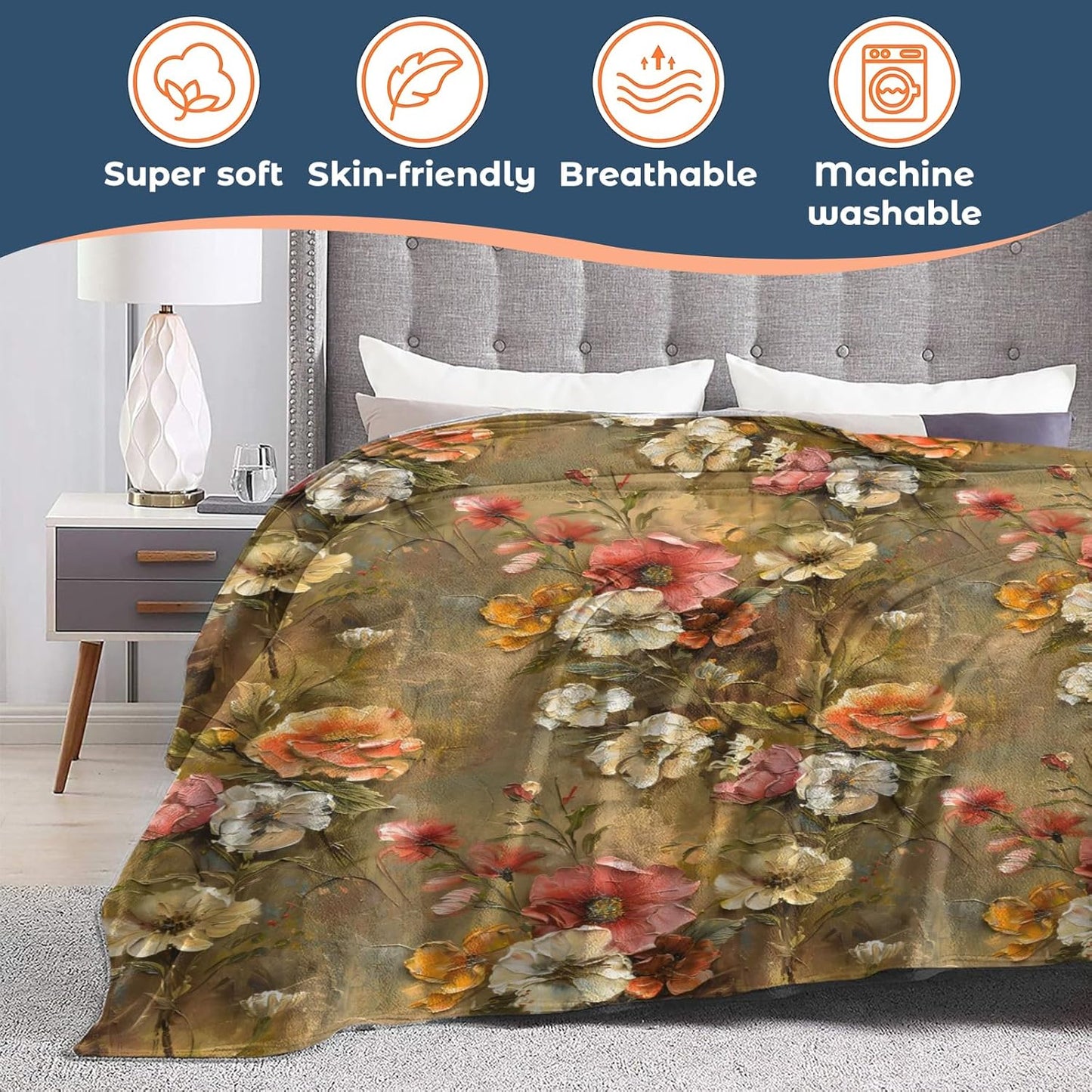 Skull and Books Floral Blanket, Lightweight Comfy Vintage Flowers & Mushrooms Blankets for Couch Sofa Bedroom, Soft Plush Travel Flannel Throw Blanket Gifts for Women Adults, Home Decor 80×60in