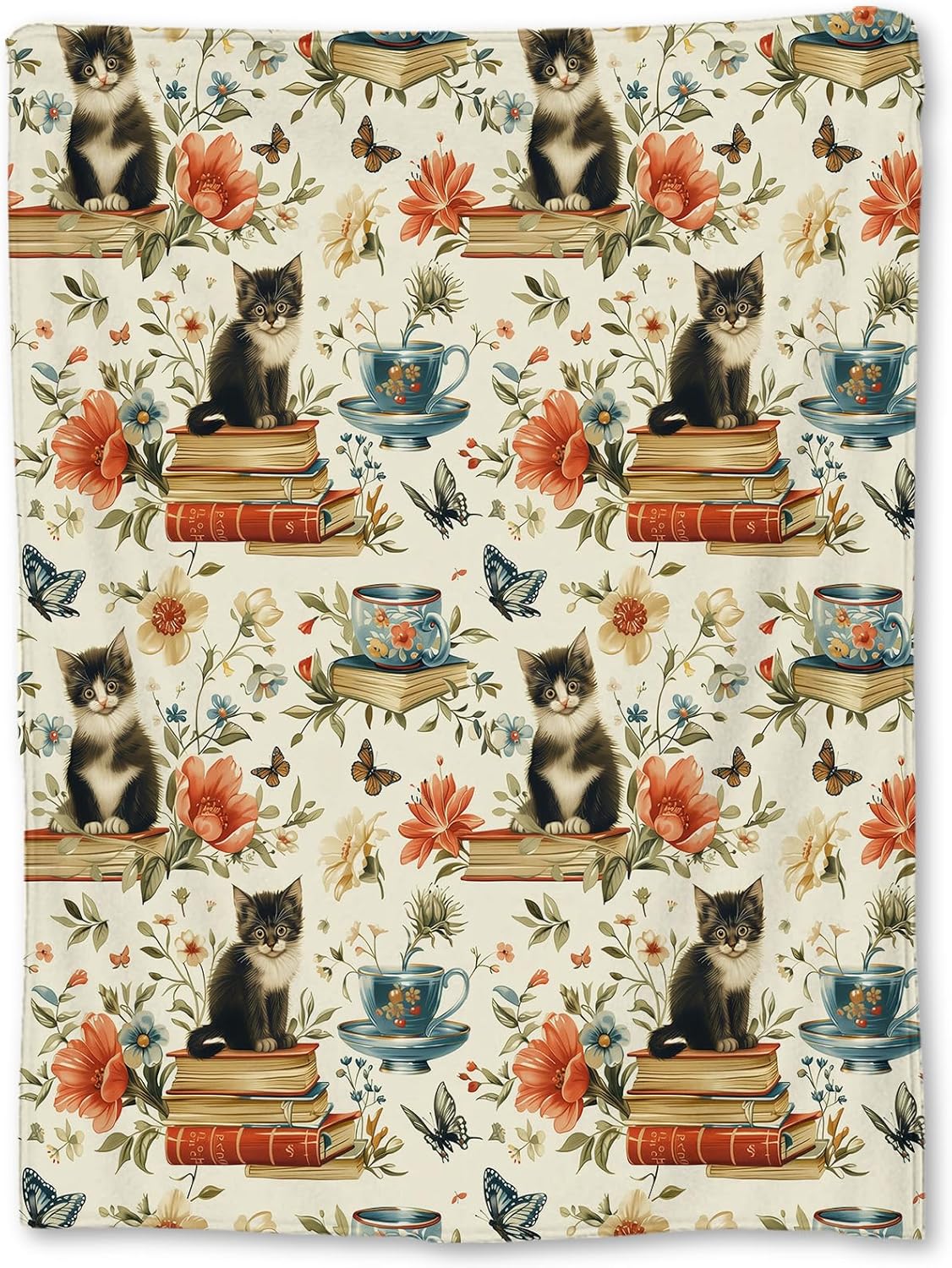 Vintage Cat & Books Blanket, Soft Lightweight Flannel Throw for Couch, Bed, Travel, Living Room & Home Decor, Cozy Warm Fuzzy Blankets for Adults Women Men 60×50 in