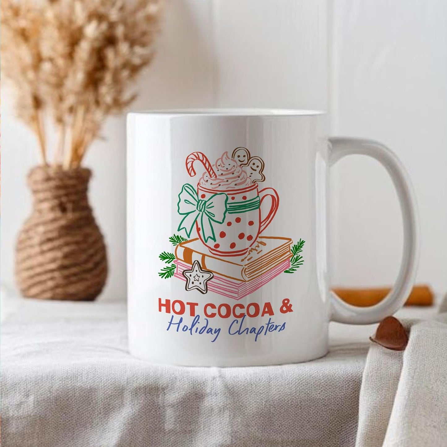 Christmas Hot Cocoa & Holiday Chapters White Mugs, 11oz 15oz Drinking Cups, Kitchen Décor, Gifts For Book Lovers
