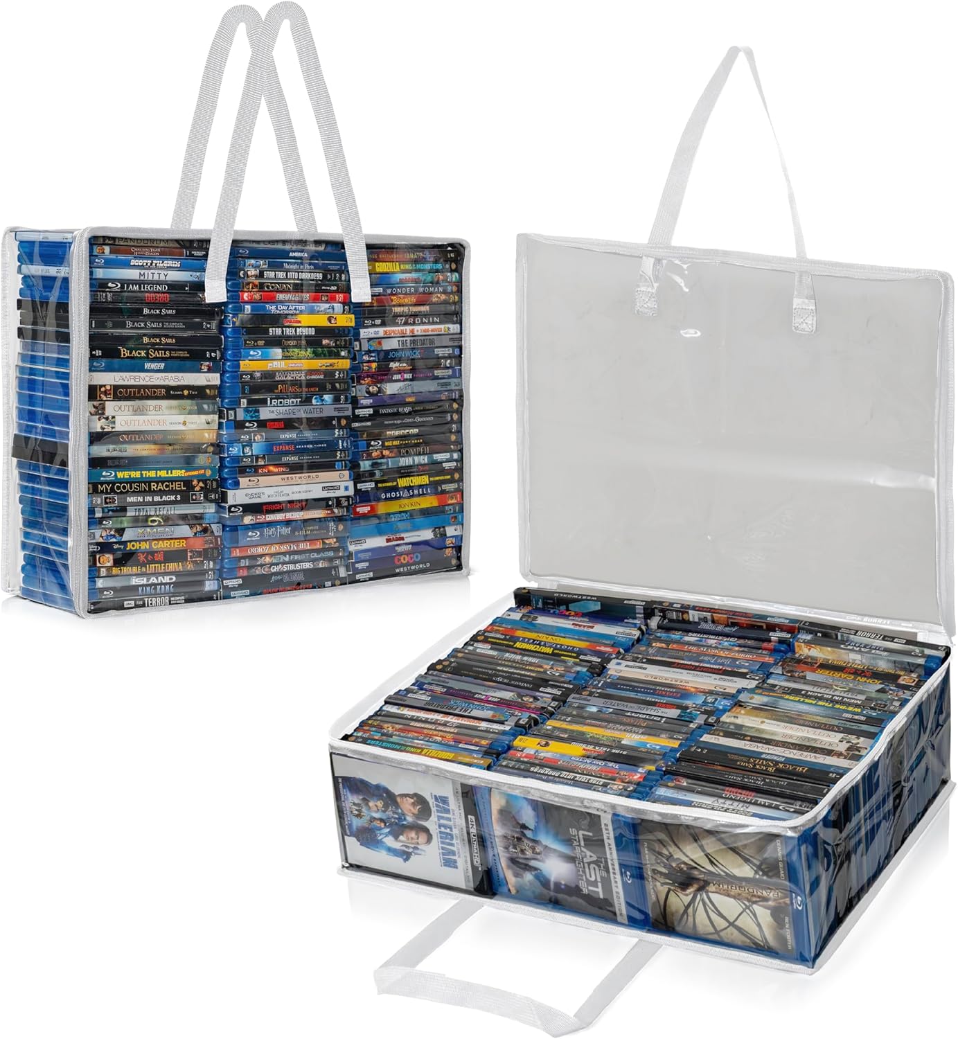 Besti Blu Ray Case Holder Organizer, Set of 2 Clear Plastic Bags with Handles for Storing Blurays, DVDs, CDs, Storage Bags for Video Game Cases, Holds Up To 90 Bluray and 60 DVD Cases (White)