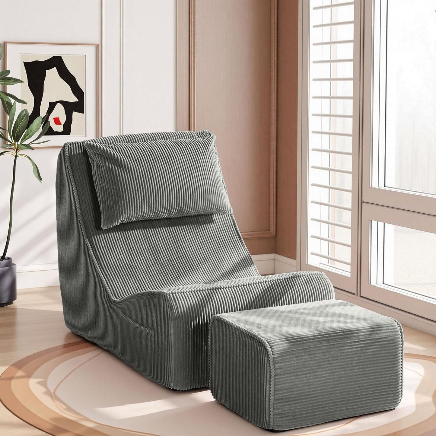 Trenda Chaise Longue Chair with Ottoman, Boneless Accent Recliner Chair with Washable Cover, Adjustable Neck Pillow, Comfy Floor Chair for Living Room, Bedroom, Small Space.