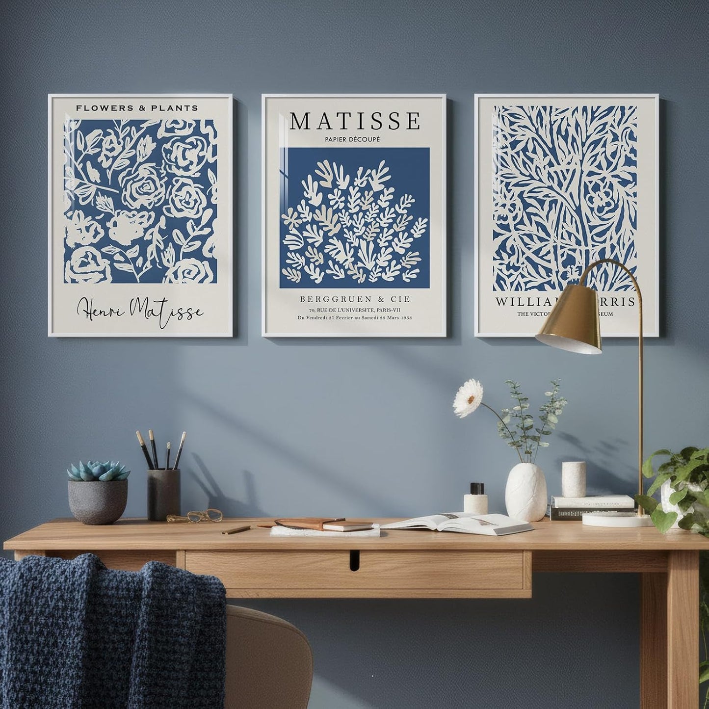 Framed Blue Matisse Wall Art for Room Decor, 3 Piece Botanical Artwork for Walls, Vintage Blue and White Plant Canvas Print, William Morris Painting Picture for Bedroom Living Room Hallway, 12x16 Inch