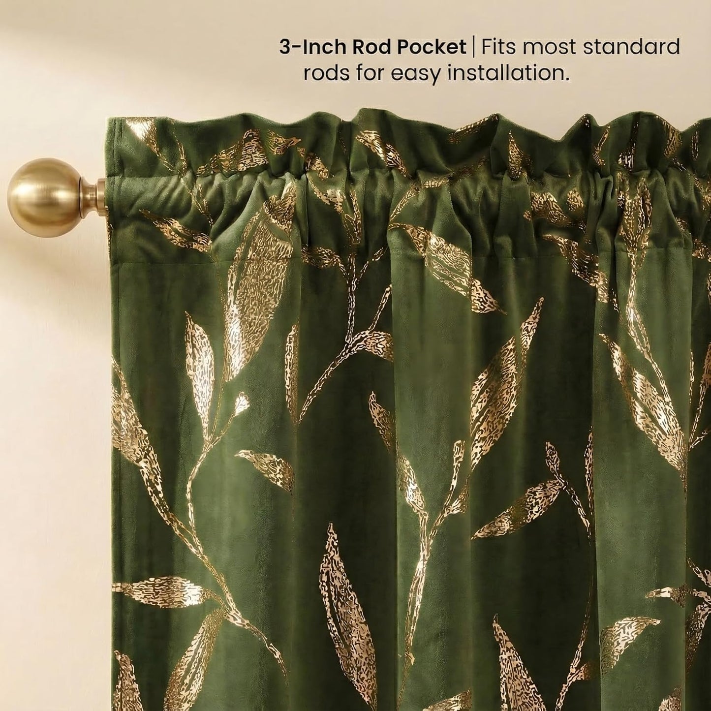 NICETOWN Olive Green Velvet Curtains with Gold Foil Leaf Print – Vintage Drapes for Bedroom, Luxury Botanical Window Treatments for Cottagecore & Mid-Century Decor, Thermal Rod Pocket, W50 x L84