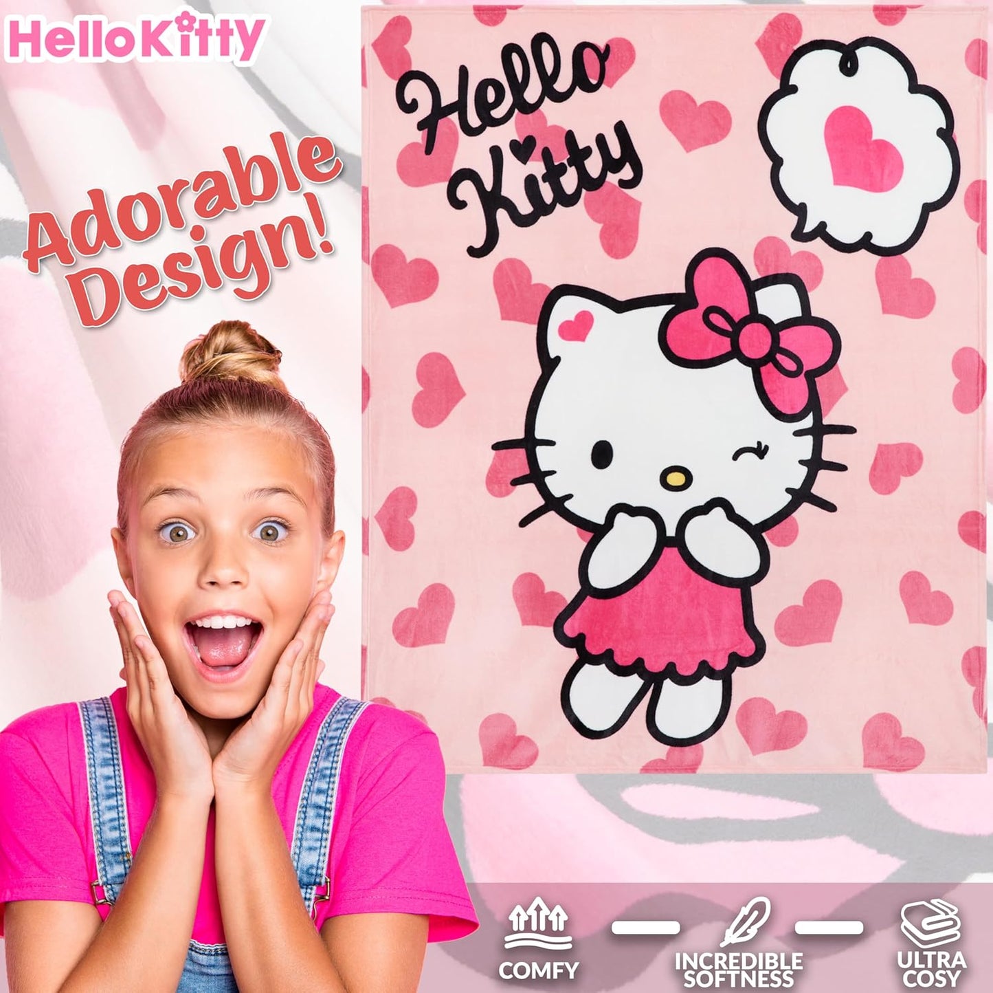 Hello Kitty Sanrio Fleece Throw Blanket, 59x51in, Cinnamoroll Soft Bedding, Bed Decor, Room Decor, Kawaii Gifts for Women (Pink Hello Kitty)