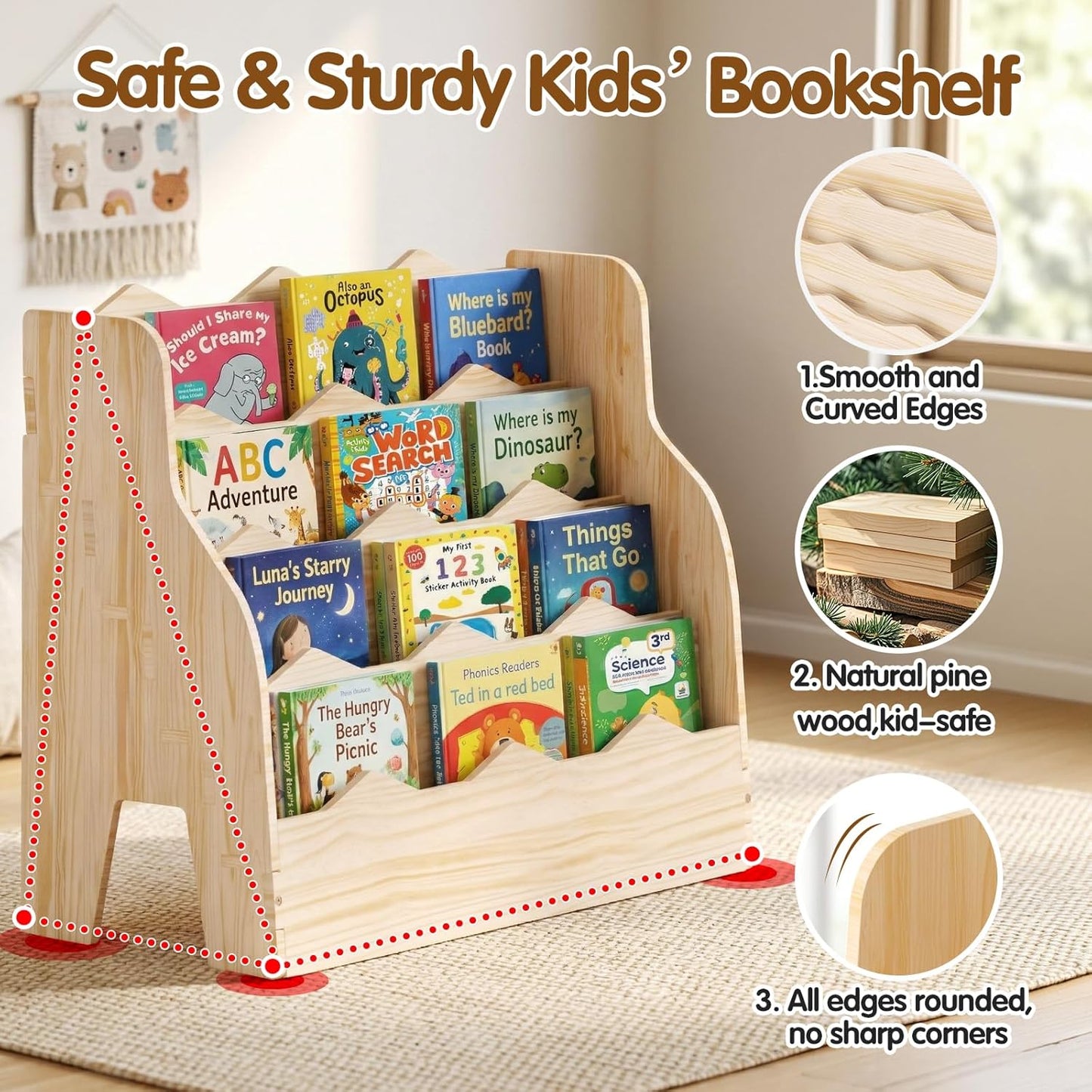 4-Tier Kids Bookshelf, Wooden Scalloped Toddler Bookshelf, Montessori Book Shelf for Kids Rooms, Front Facing Nursery Bookcase for Bedroom,Classroom,23.6" Kids Storage Organizer for Books Display