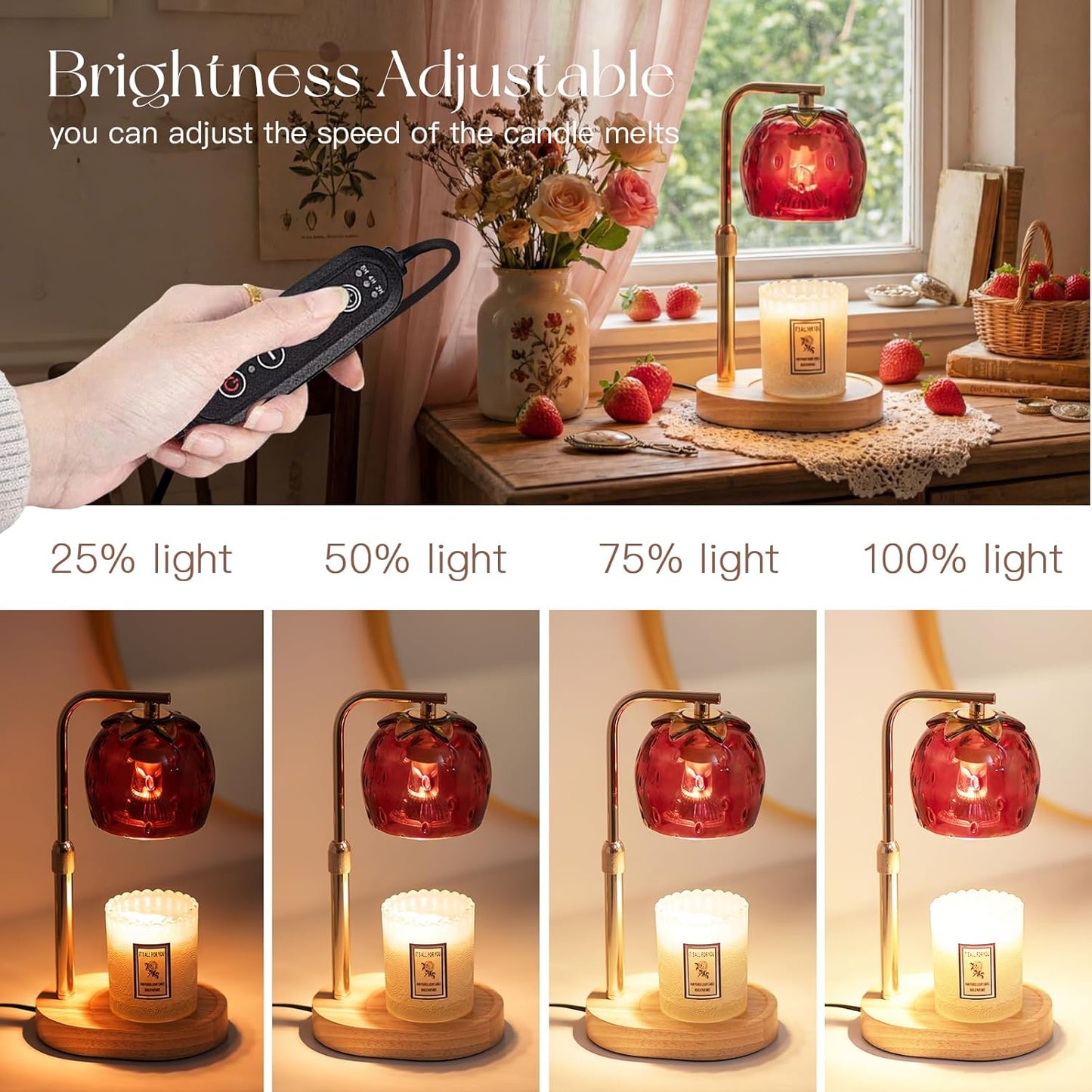 Candle Warmer Lamp with Timer: Strawberry Candle Warming Lamp with 2 Bulbs Dimmable Preppy Room Home Decor for Women Height Adjustable Wax Warmer