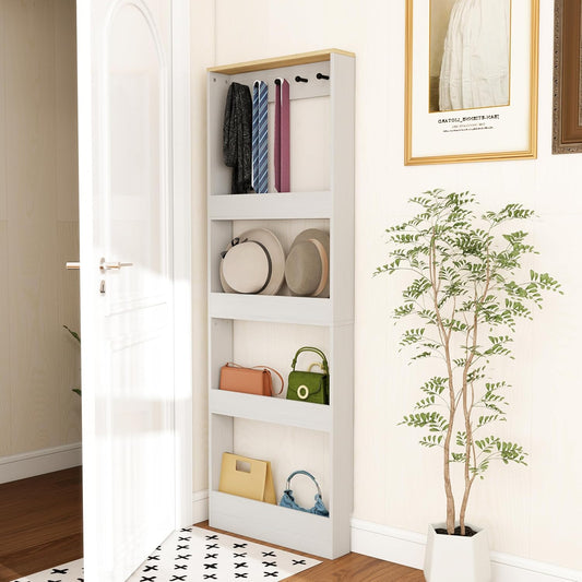 Behind the Door Bookshelf - Ultra Slim Hidden Storage Cabinet for Kids Room | 4-Tier White Wooden Bookcase with Hooks