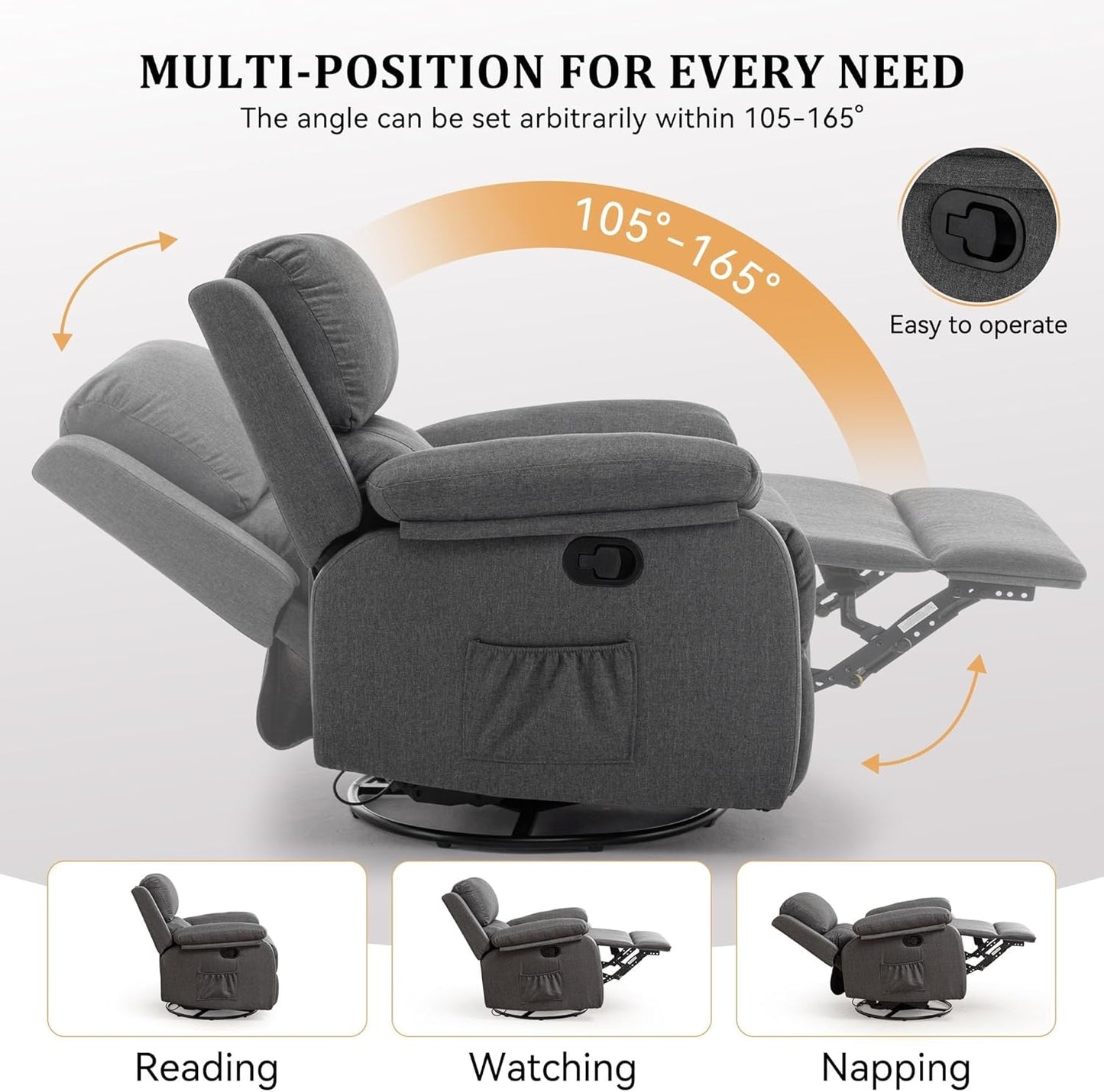 Grey Swivel Rocker Recliner for Adults Small Spaces Recliner Chair Small Rocking Recliner Upholstered Fabric Glider Recliner Nursery Swivel Rocker Chair