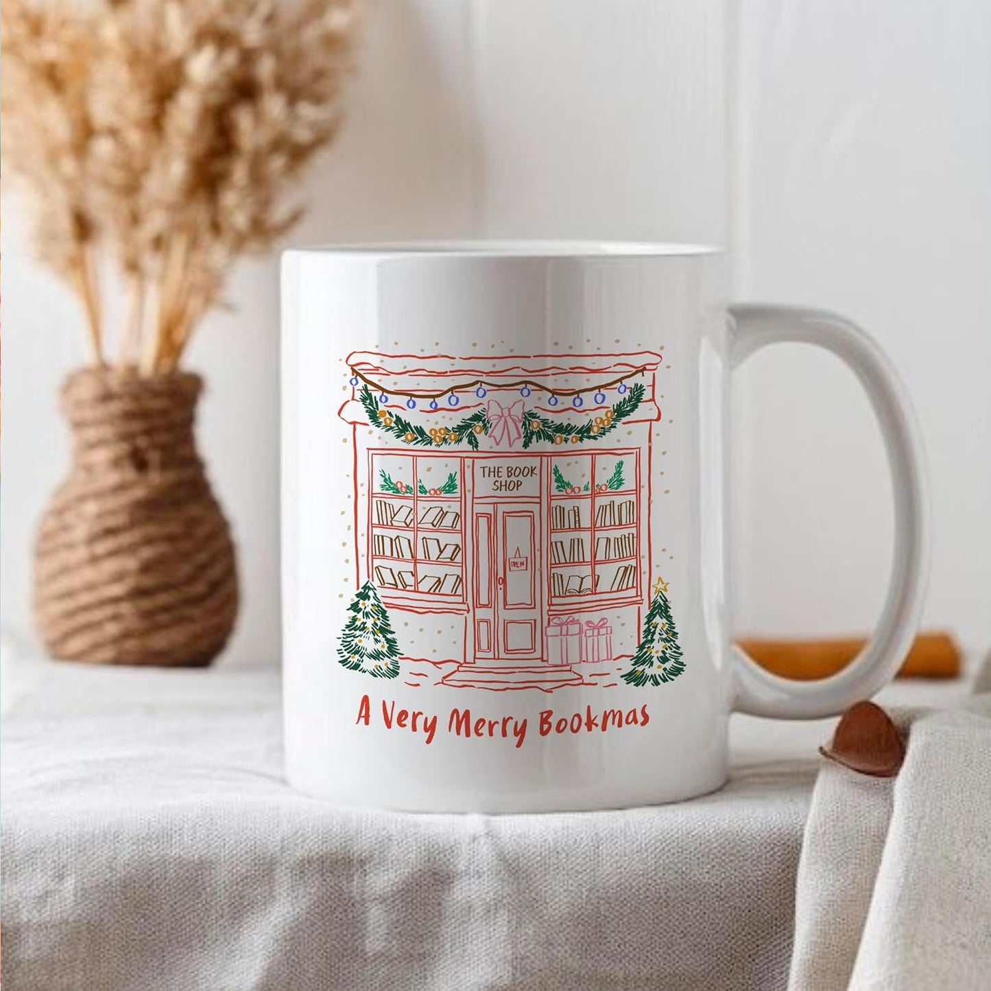 A Very Merry Bookmas Christmas Book Lover Coffee Mugs, Xmas White Ceramic Cups, Holiday Gifts, 11oz 15oz