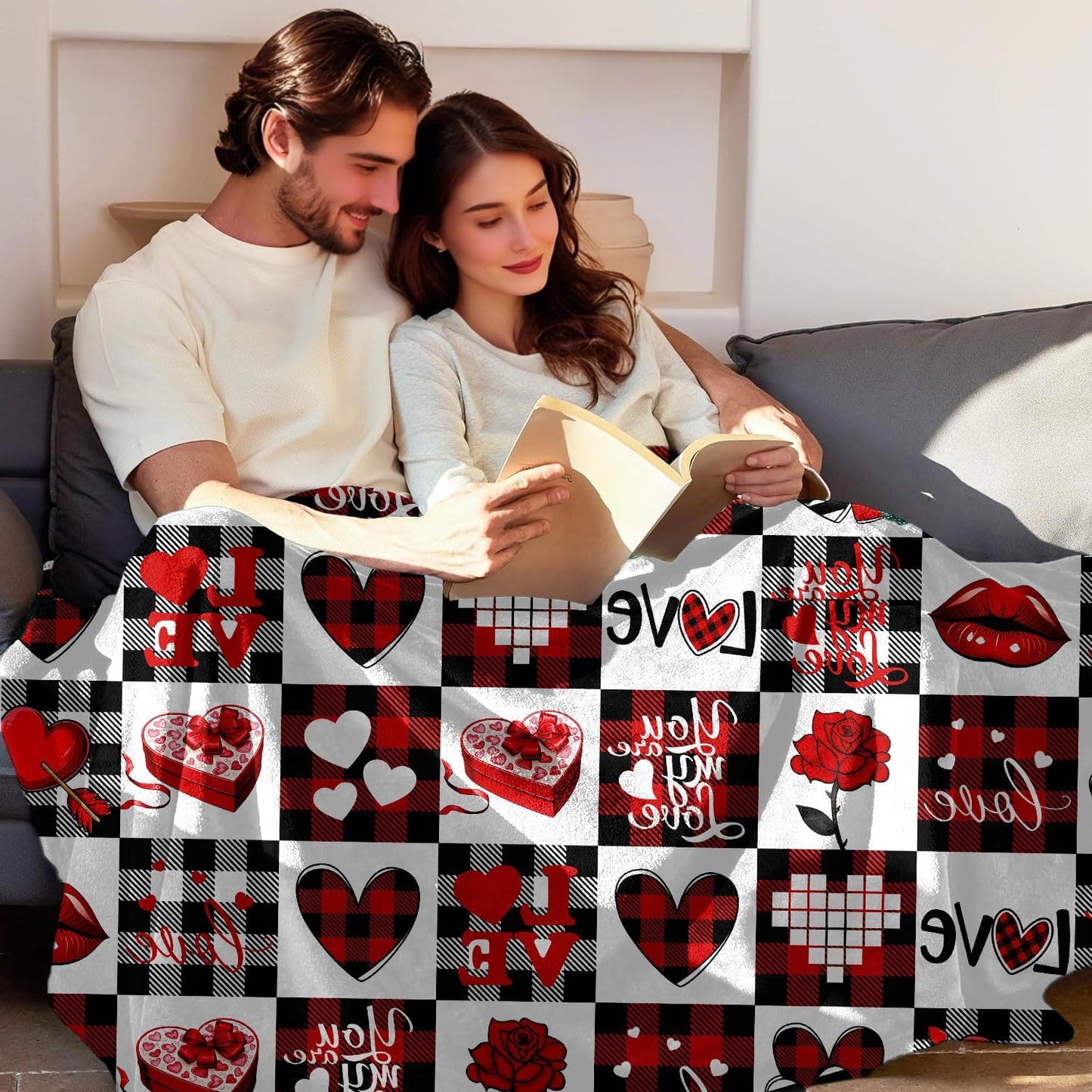 Valentines Day Fleece Throw Blanket, Red Checkered Love Heart Super Soft Fuzzy Cozy Warm Blanket, Romantic Valentine Gift for Her Wife Girlfriend Couple, 50"x60" Decorative Blanket for Couch Bed