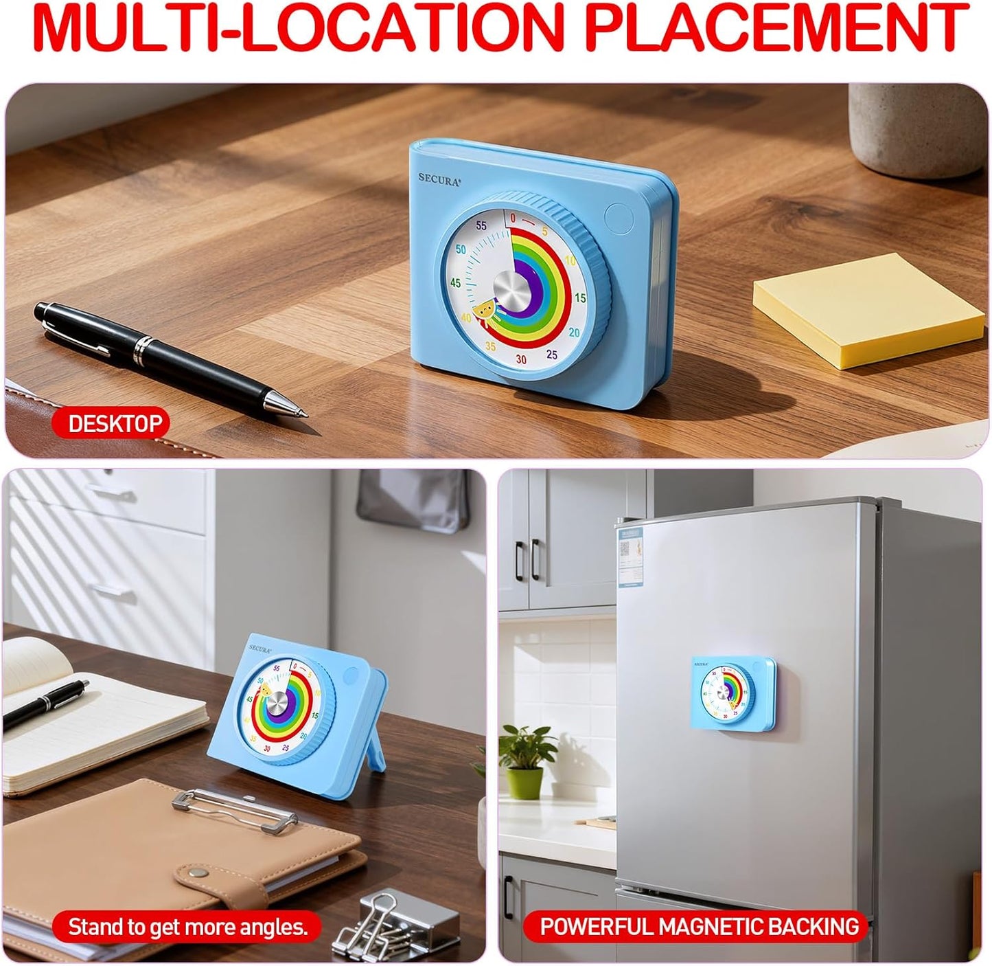 Secura Visual Timer for Kids – 60-Minute Classroom Countdown Timer with Color Disc, Time Management Tool for Kids, Teachers & Parents, Silent & Beep Modes, Magnetic Back & Stand (Blue)