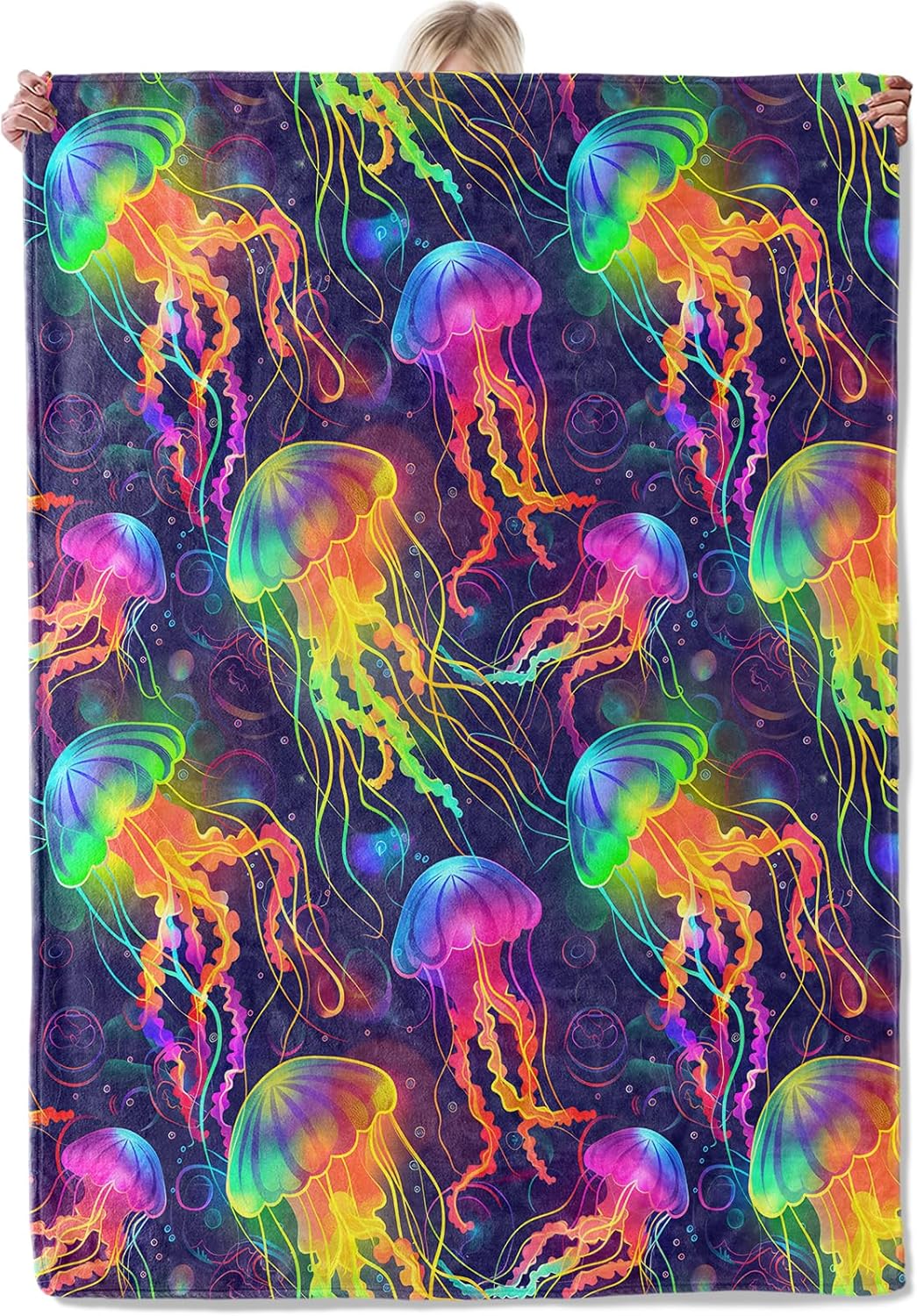 Colorful Jellyfish Throw Blanket Gifts for Ocean Lovers, Soft Fuzzy Warm Cozy Flannel Blankets for Bedroom, Travel, Couch, Underwater Marine Life Throws, Dreamy Home Decor 50x60 Inch