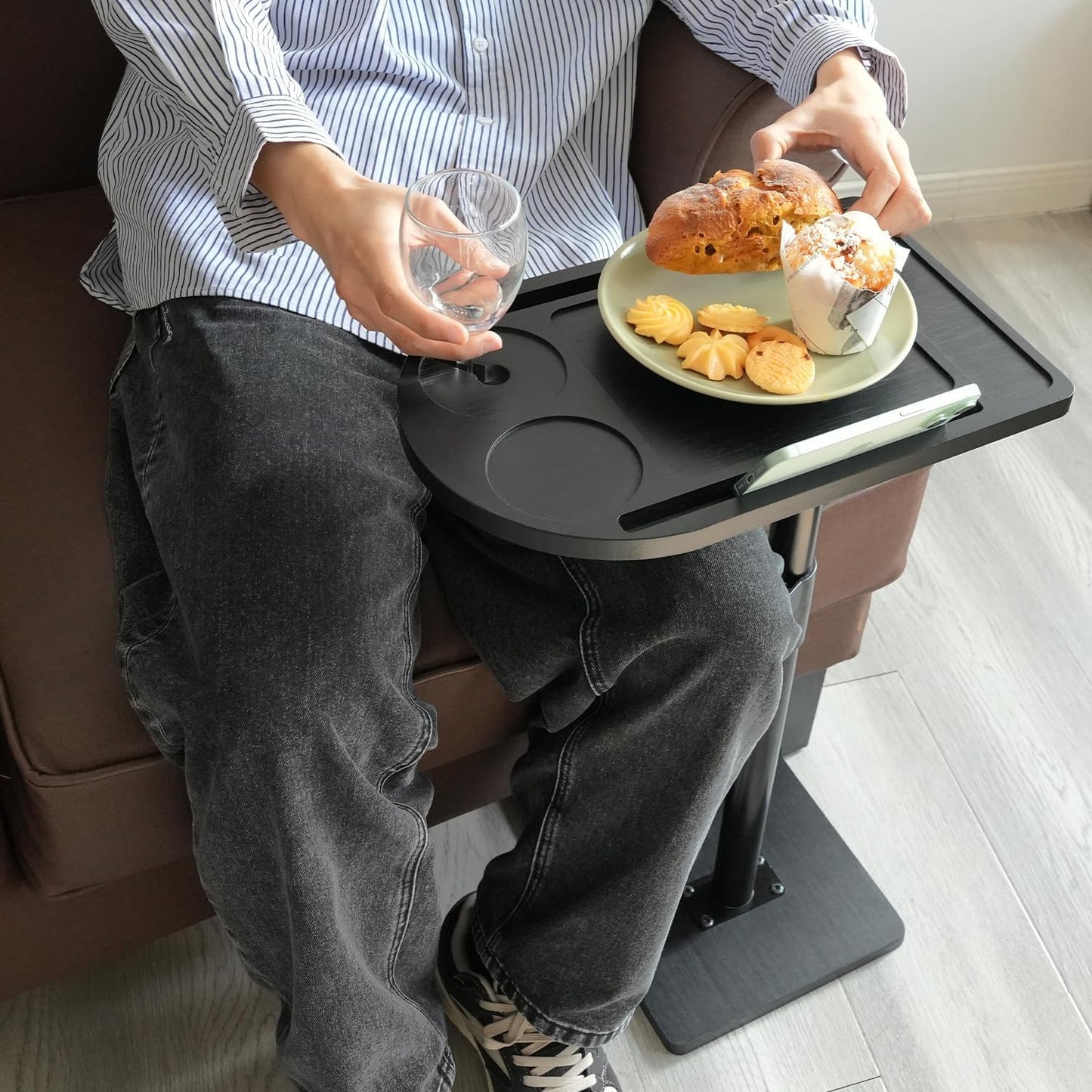 Sofa Arm Tray Table — 360° Rotatable, Height-Adjustable, Phone & Tablet Slots, TV Tray for Bed or Chair...
