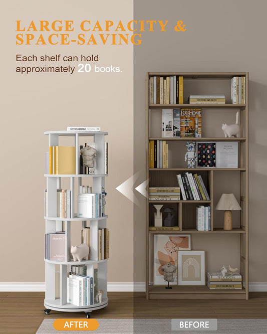 Rotating Bookshelf, 4-Tier Solid Wood Spinning Bookcase with Wheels, 360° Revolving Bookshelf Tower with Lockable Casters, Compact Round Book Tower for Kids Room, Bedroom, Small Space, White