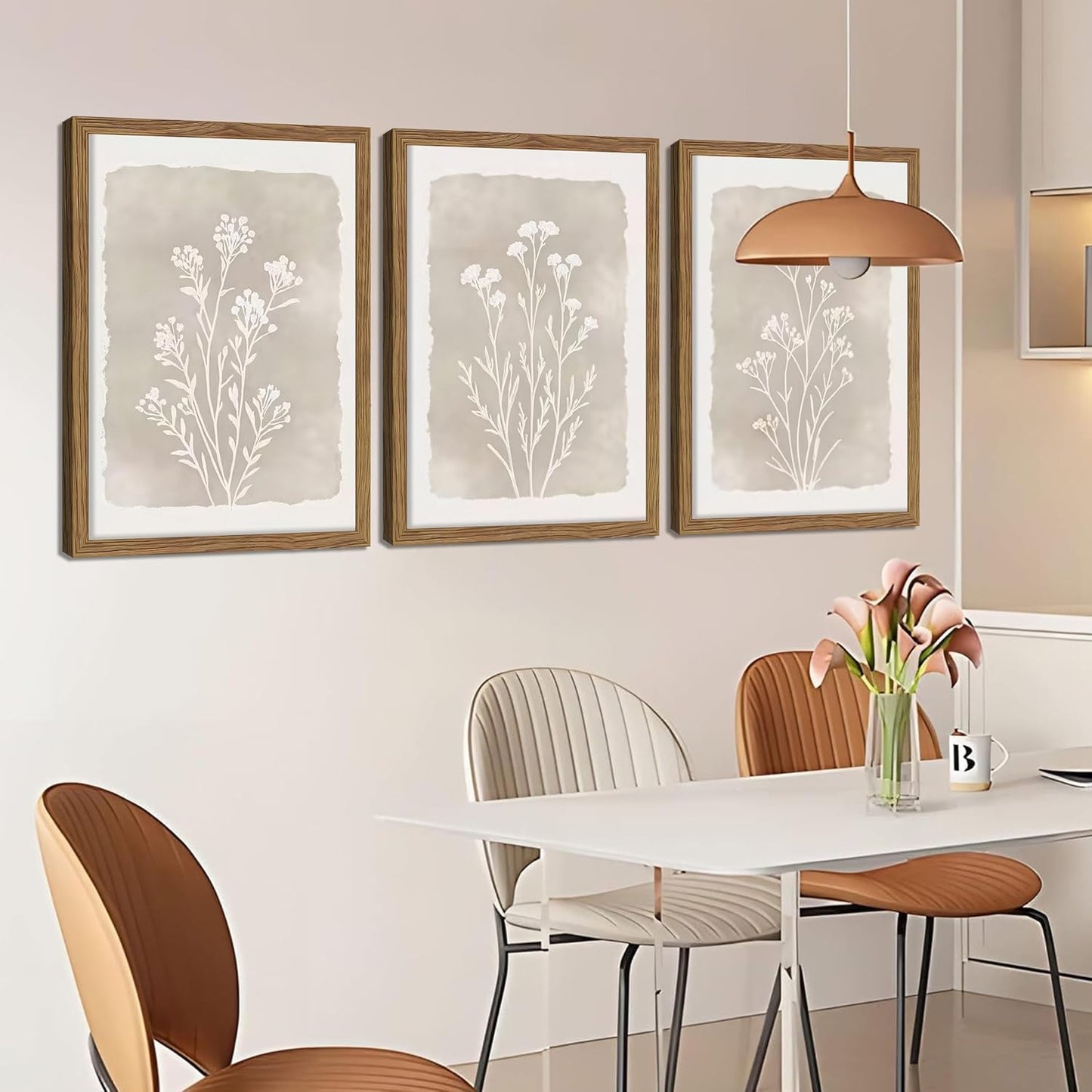 Framed Boho Botanical Flower Wall Art Set of 3, Vintage Minimalist Neutral Floral Wall Decor Paintings, Rustic Farmhouse Wildflower Artwork Prints Picture for Living Room Bedroom Bathroom 12x16 Inch