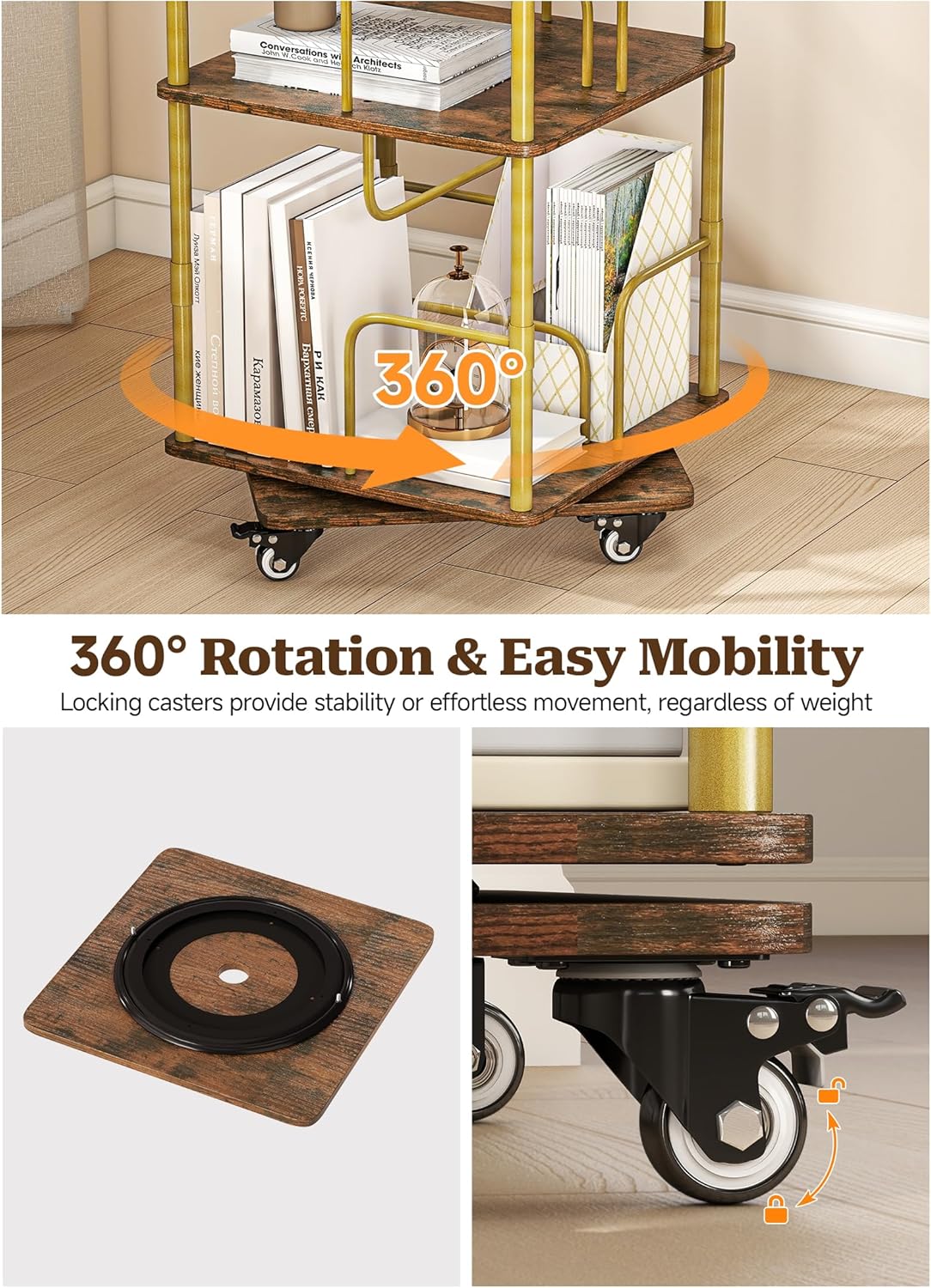 Rotating Bookshelf with Light, Wood Revolving Bookshelf Tower with Wheels, Small Floor Standing Book Organizer, 360 Display Corner for Small Space, 5-Tier
