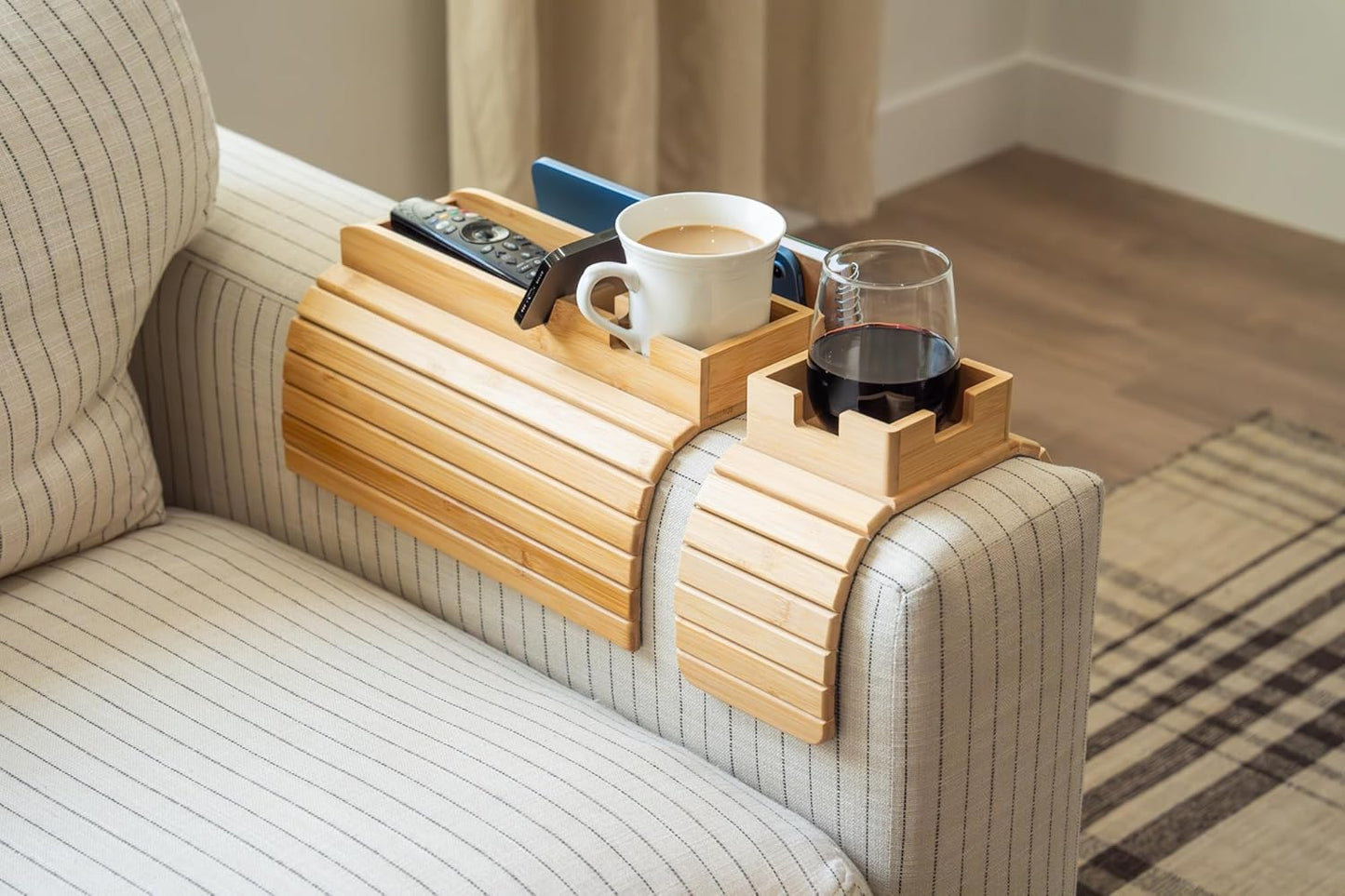 Bamboo Couch Arm Set – 1 Large with Side Pocket + 1 Small – Sofa Cup Holder for Remote & Phone – Non-Slip Fit for Armrests 4.5"–8.5" Wide