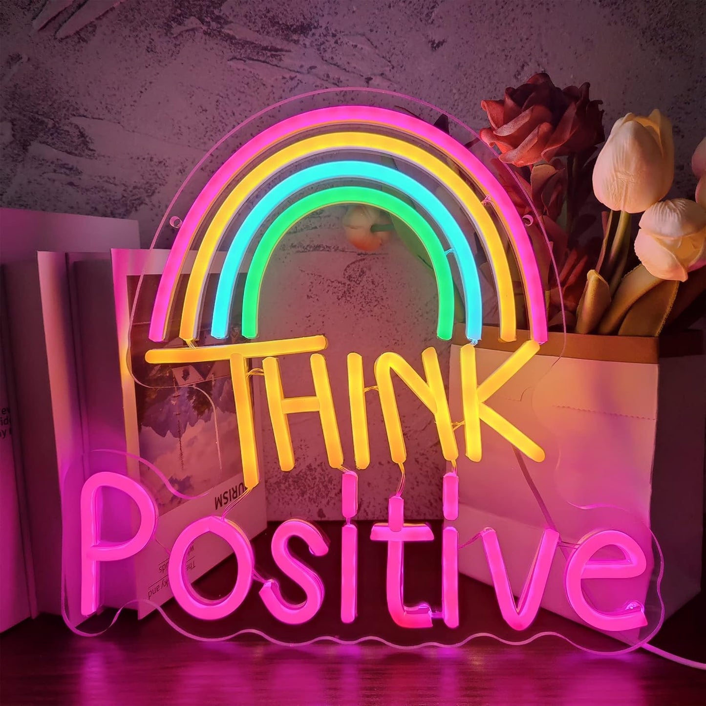 Think Positive Neon Sign, Think Positive Led Rainbow Neon Sign for Wall Decor, Neon Wall Art, USB Powered for Bedroom Decor Man Cave Bar Pub Wedding Christmas Birthday Party Gift (13x12.2in)