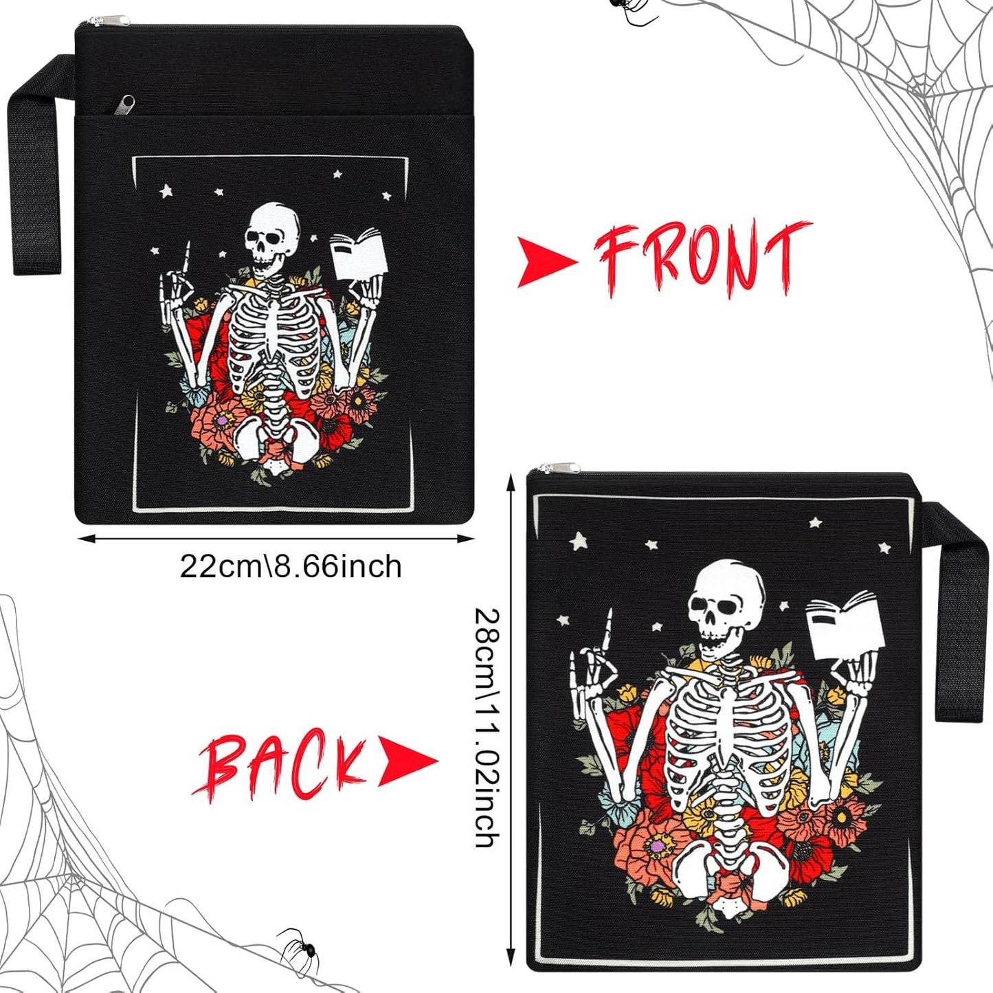 6 Pack Gothic Book Covers Book Club Gifts Book Covers for Paperbacks Skeleton Book Sleeve with Zipper Book Case Bag Gothic Book Protector for Book Lovers Teacher Student Gifts